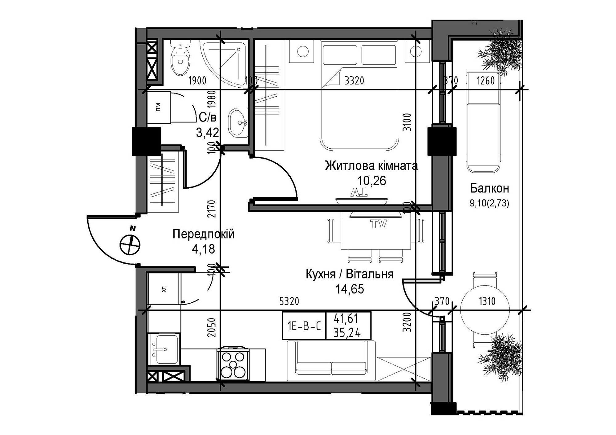 Планування 1-к квартира площею 35.24м2, UM-007-03/0004.