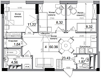 Планування 3-к квартира площею 60.36м2, AB-11-02/00007.