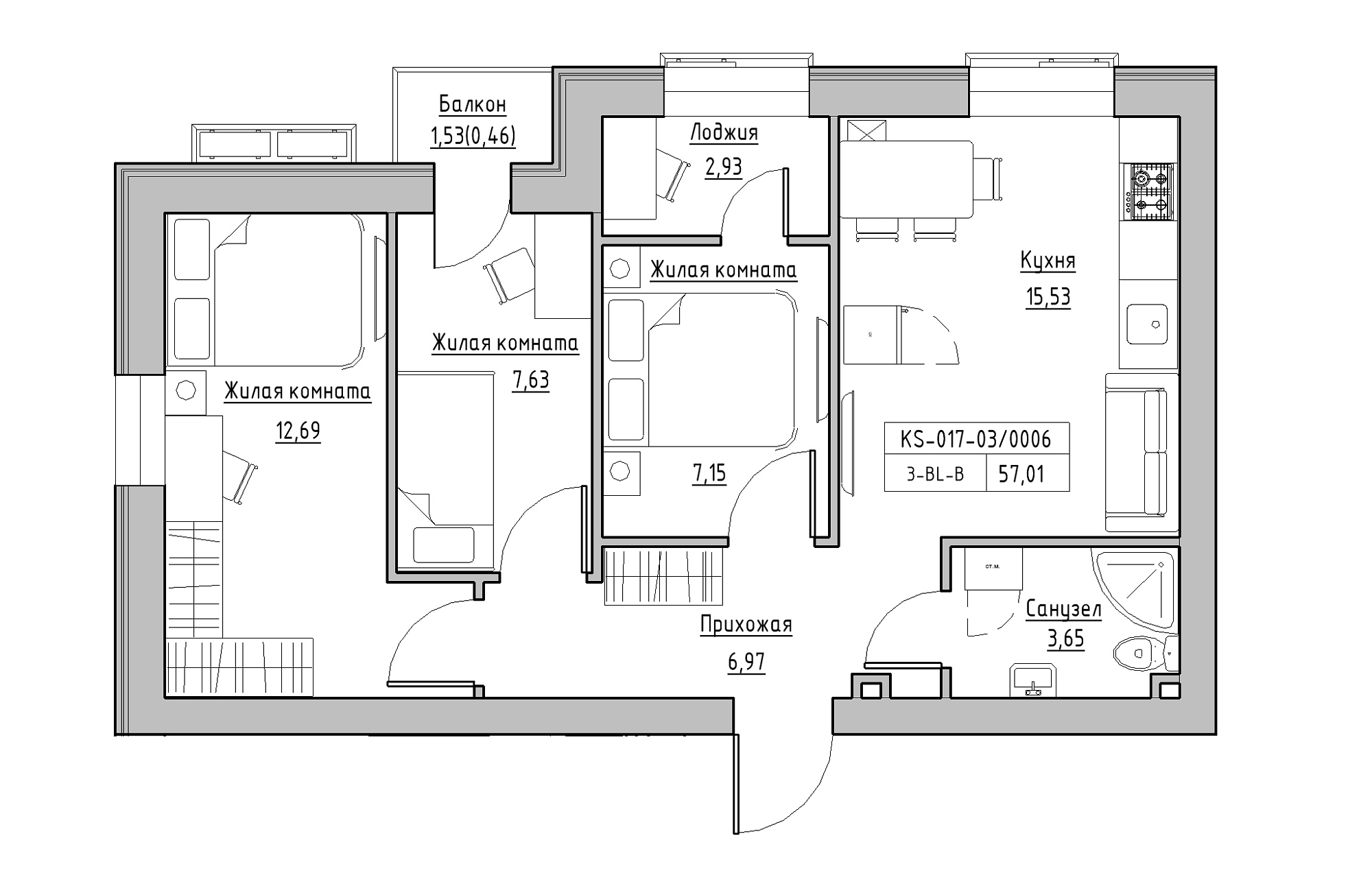 Планировка 3-к квартира площей 57.01м2, KS-017-03/0006.