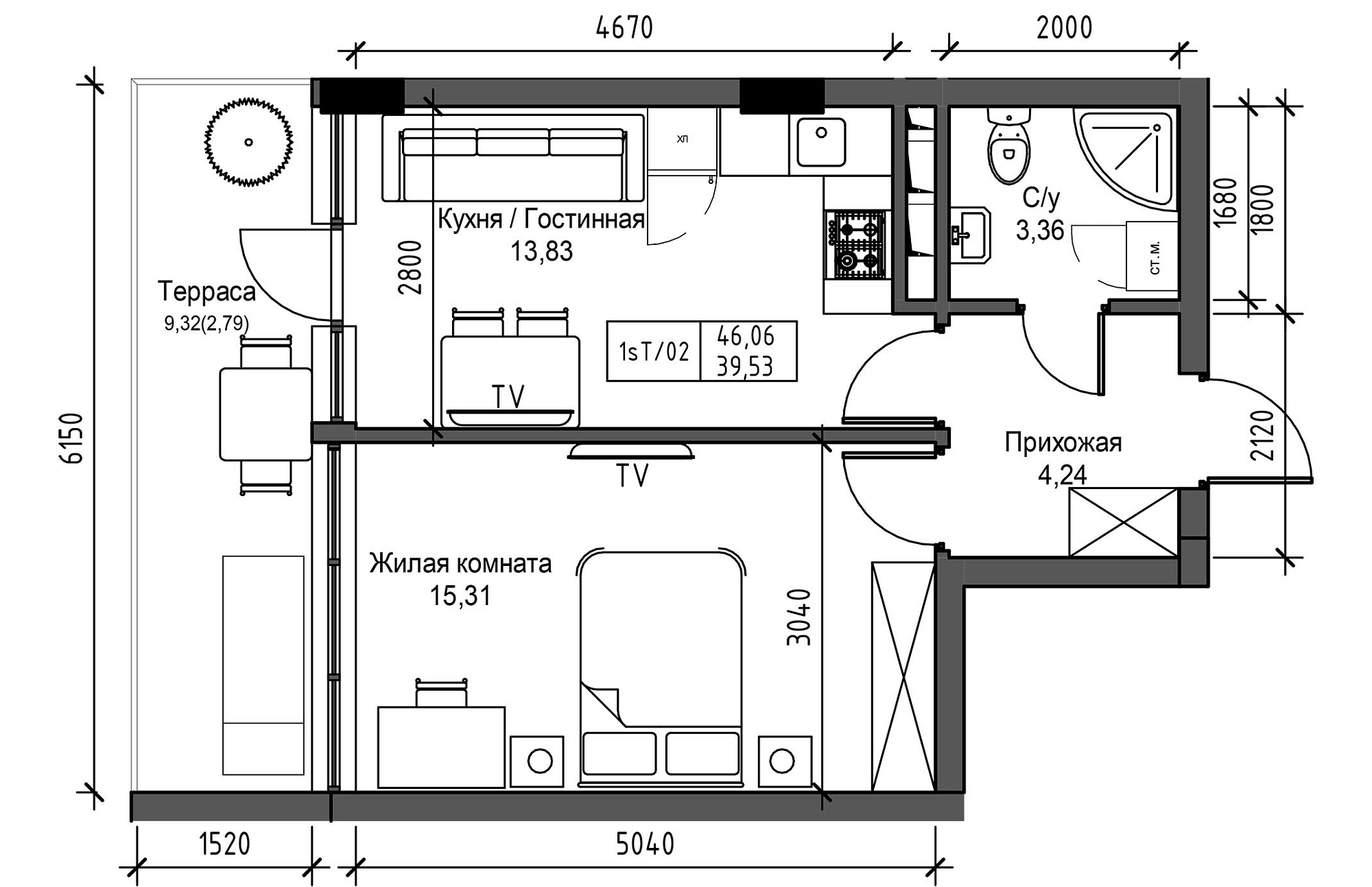 Planning 1-rm flats area 39.53m2, UM-003-05/0044.