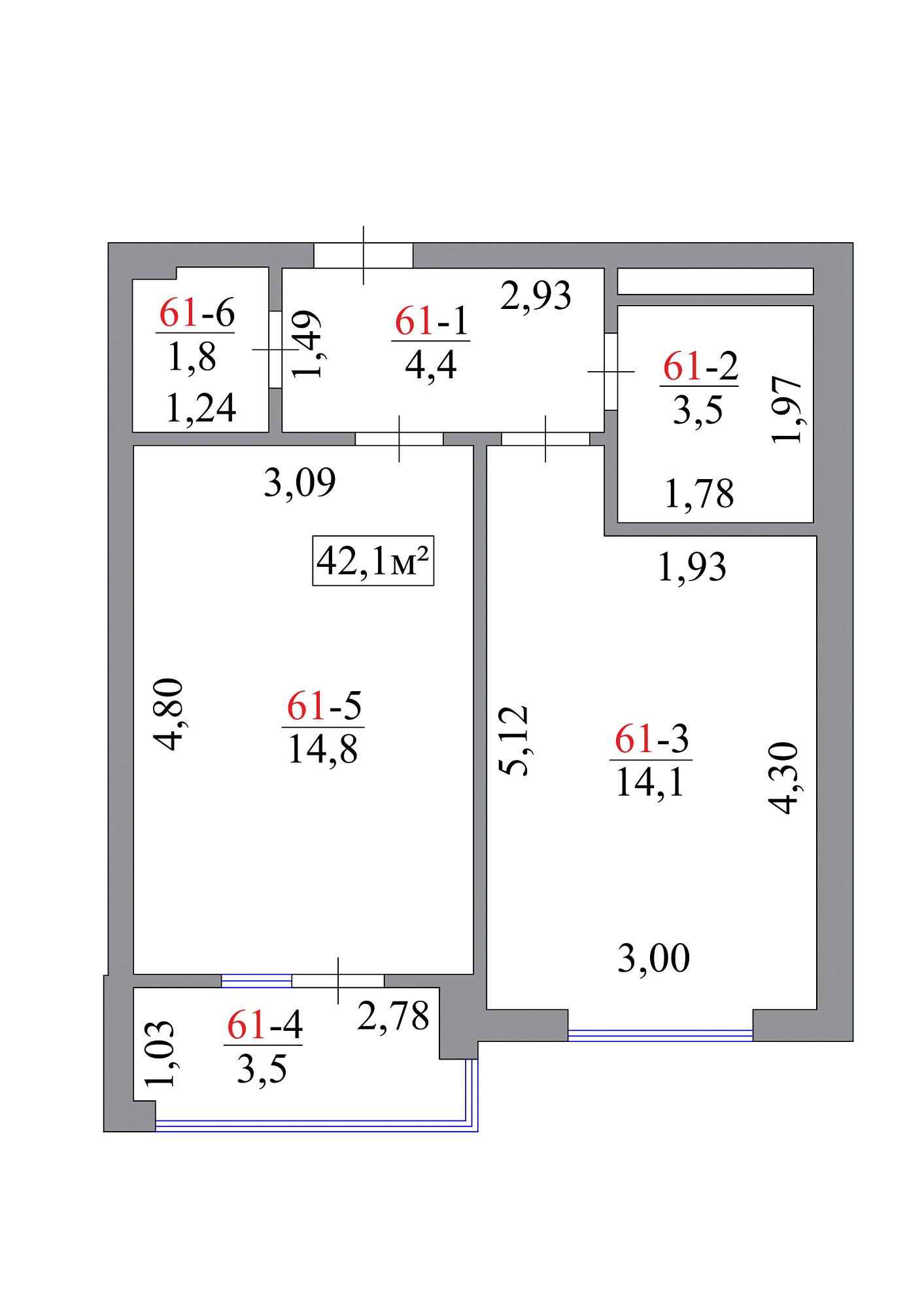 Планировка 1-к квартира площей 42.1м2, AB-07-07/00055.