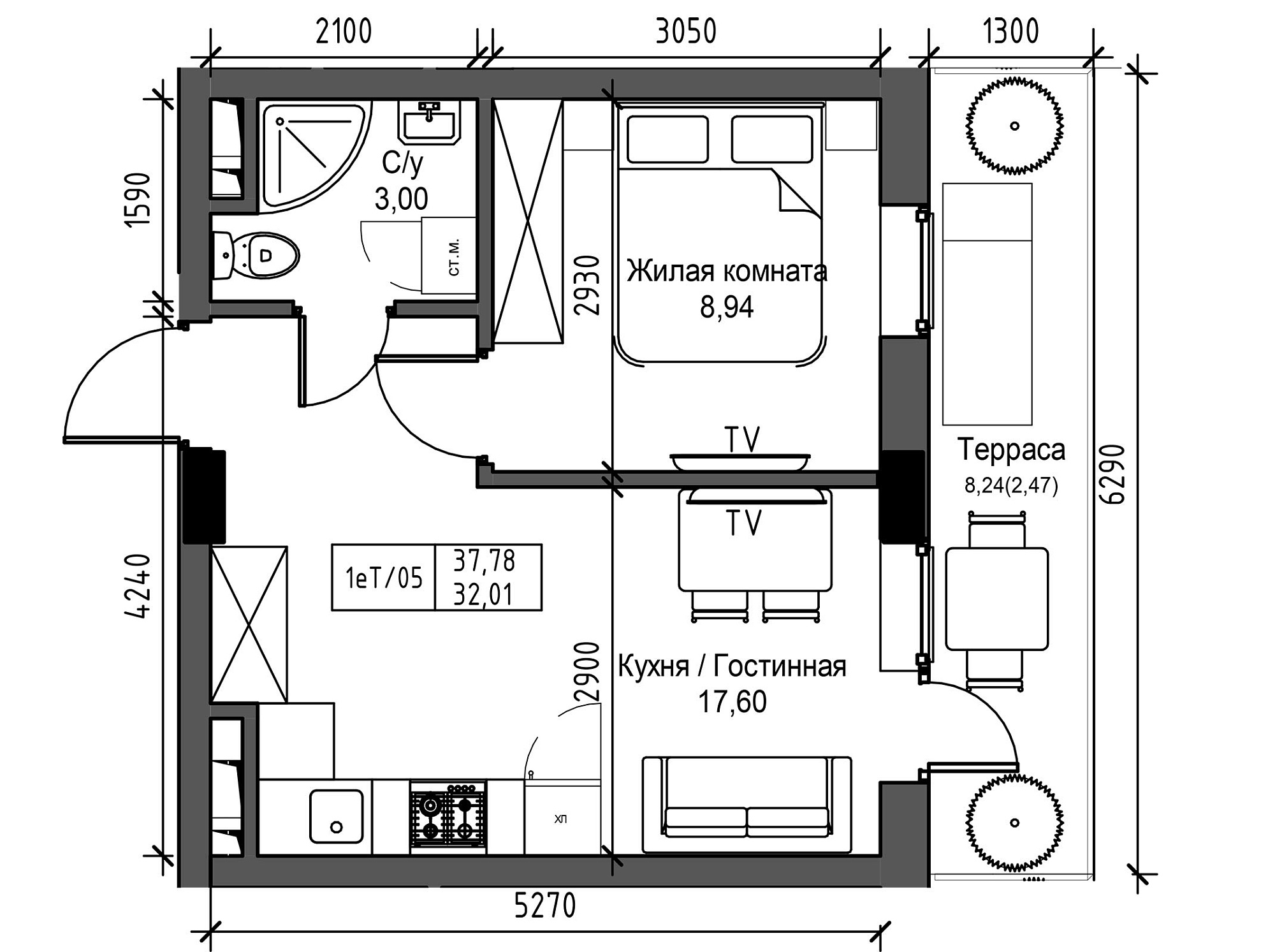 Планировка 1-к квартира площей 32.01м2, UM-003-11/0115.