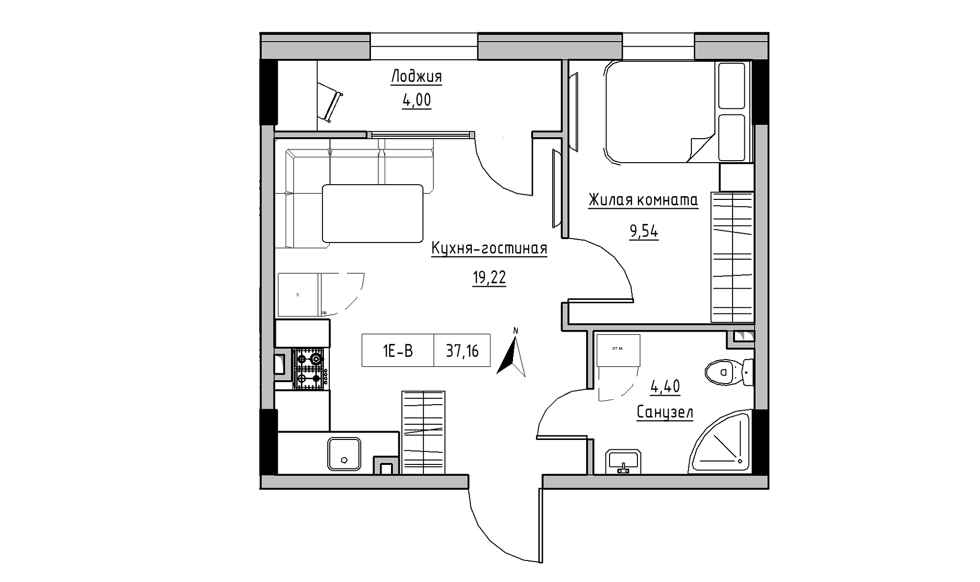 Планировка 1-к квартира площей 37.16м2, KS-025-01/0008.