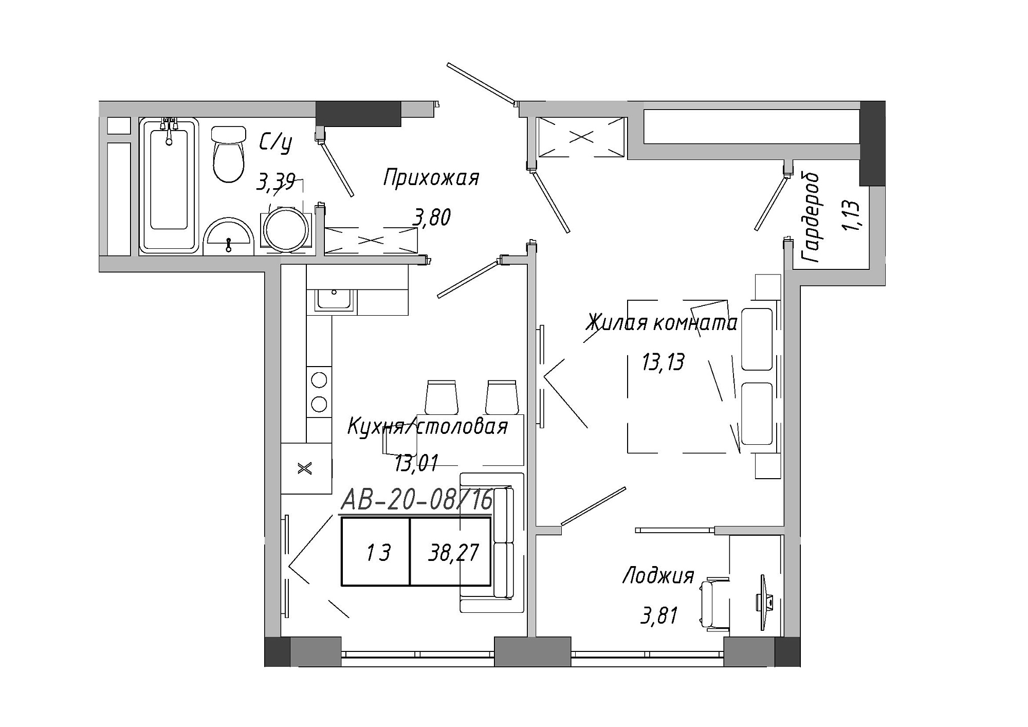 Планування 1-к квартира площею 38.79м2, AB-20-08/00016.