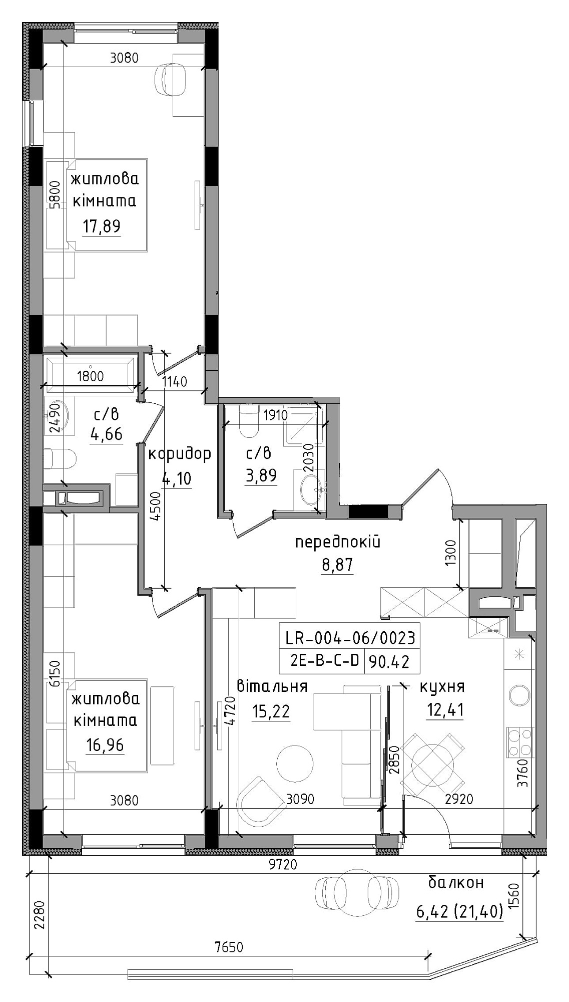 Планування 2-к квартира площею 90.42м2, LR-004-06/0023.
