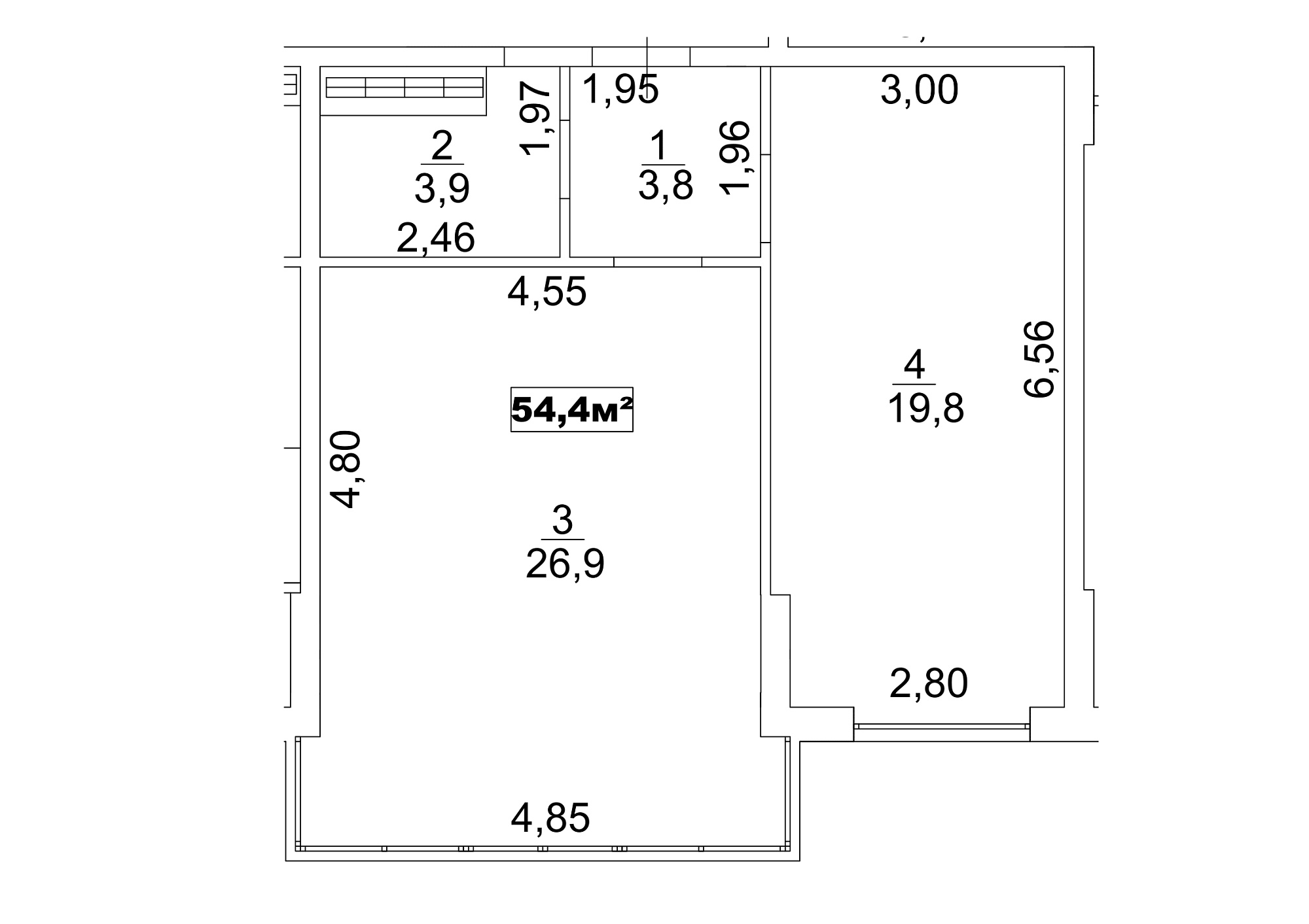Планировка 1-к квартира площей 54.4м2, AB-13-07/00059.