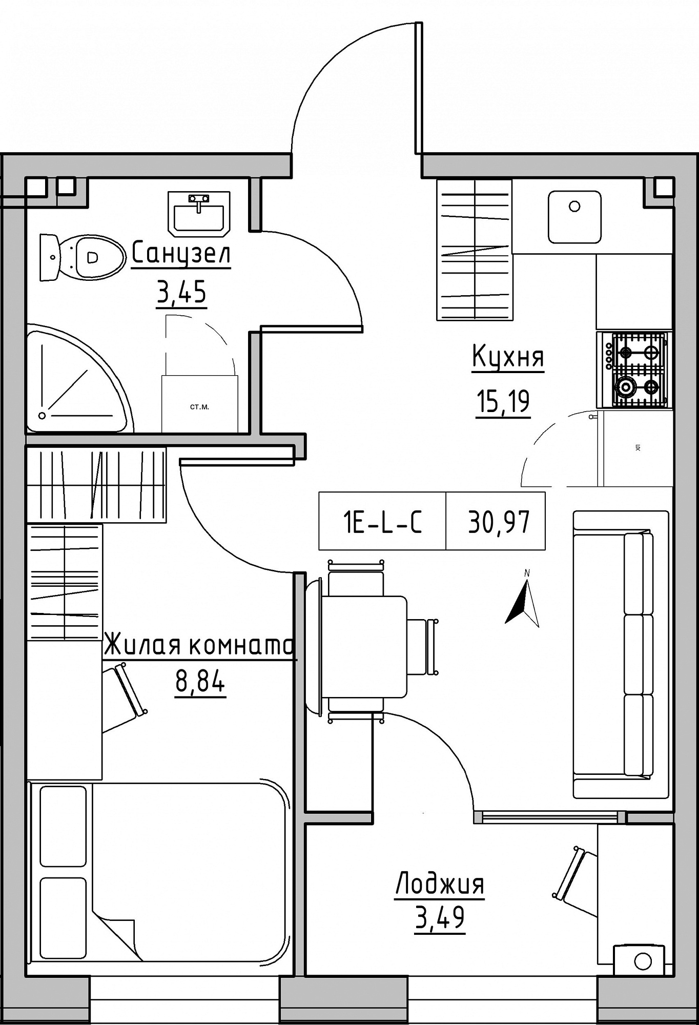 Planning 1-rm flats area 30.97m2, KS-024-01/0007.