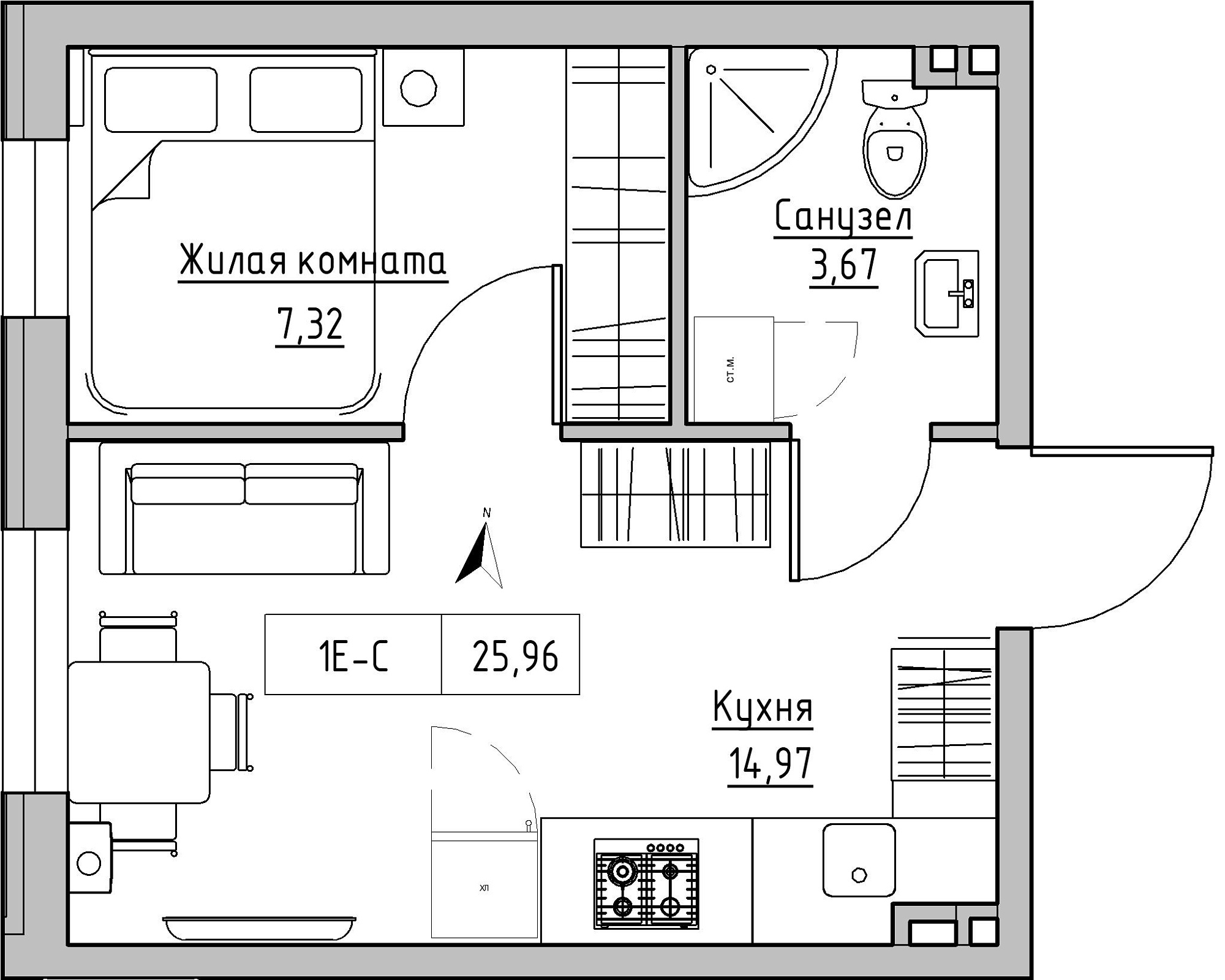 Planning 1-rm flats area 25.96m2, KS-024-01/0012.