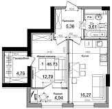 Планировка 1-к квартира площей 46.73м2, AB-11-03/00014.