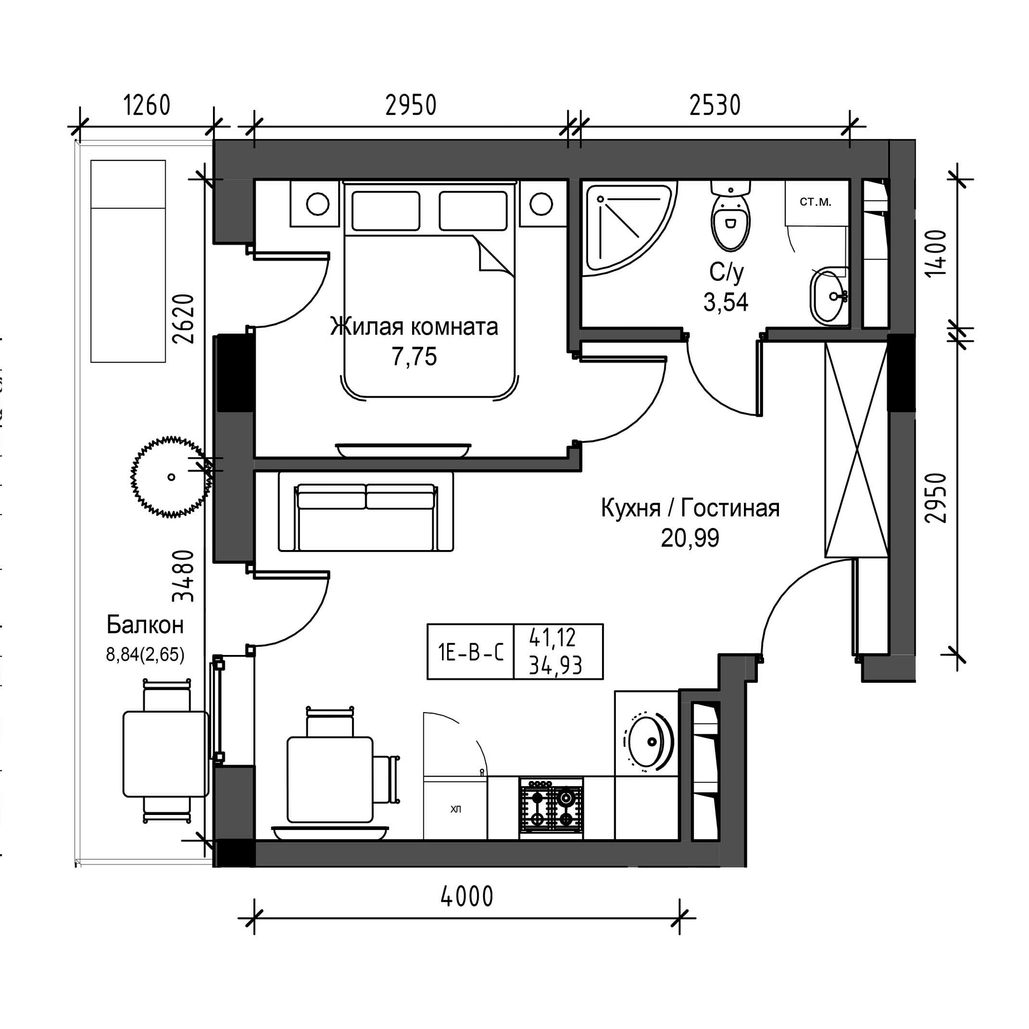 Планування 1-к квартира площею 34.93м2, UM-001-04/0020.