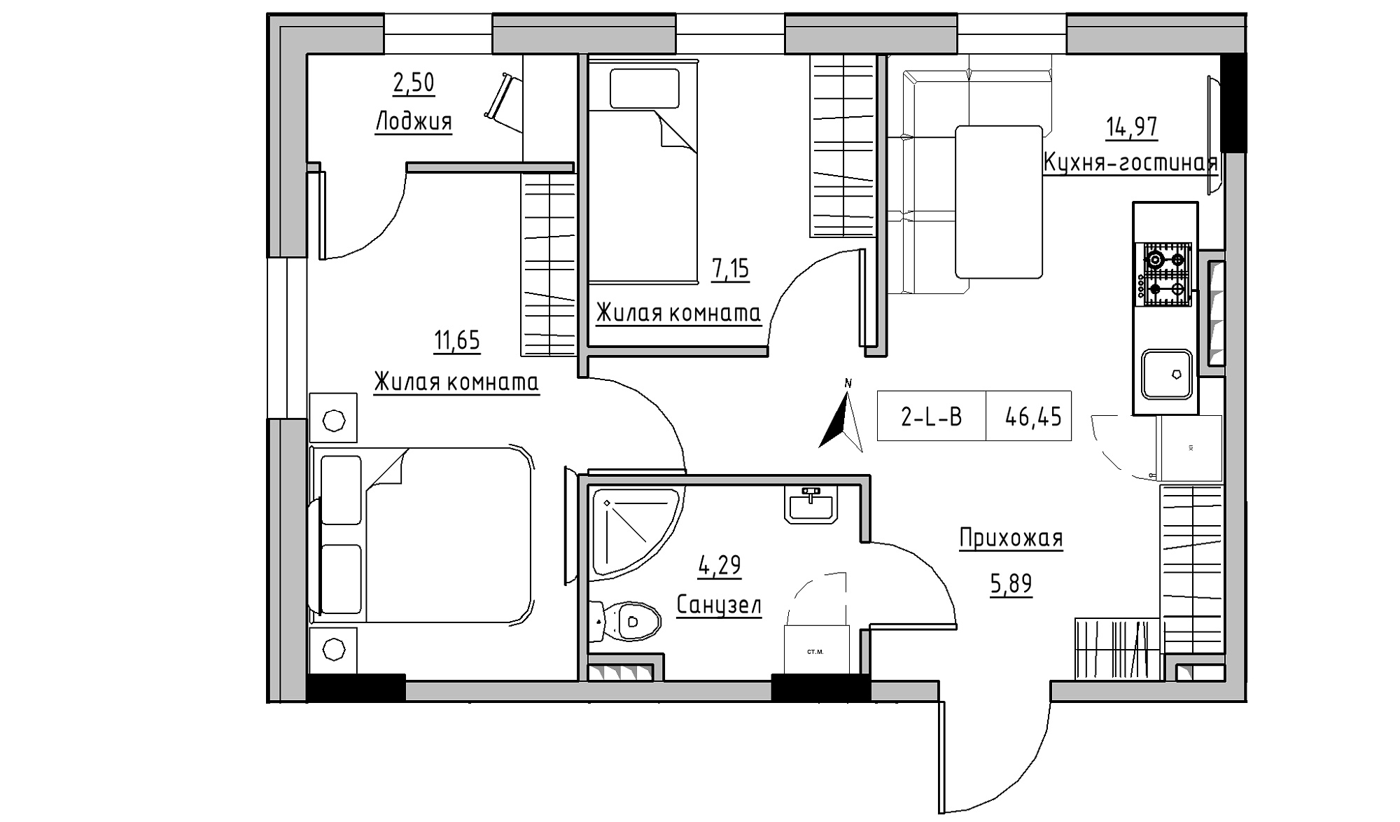 Планировка 2-к квартира площей 46.45м2, KS-025-03/0006.