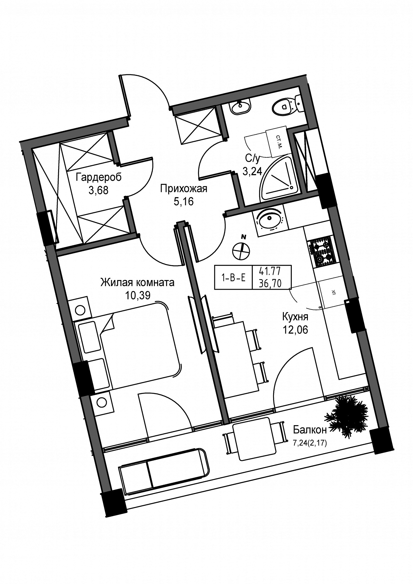 Планування 1-к квартира площею 36.7м2, UM-004-05/0012.