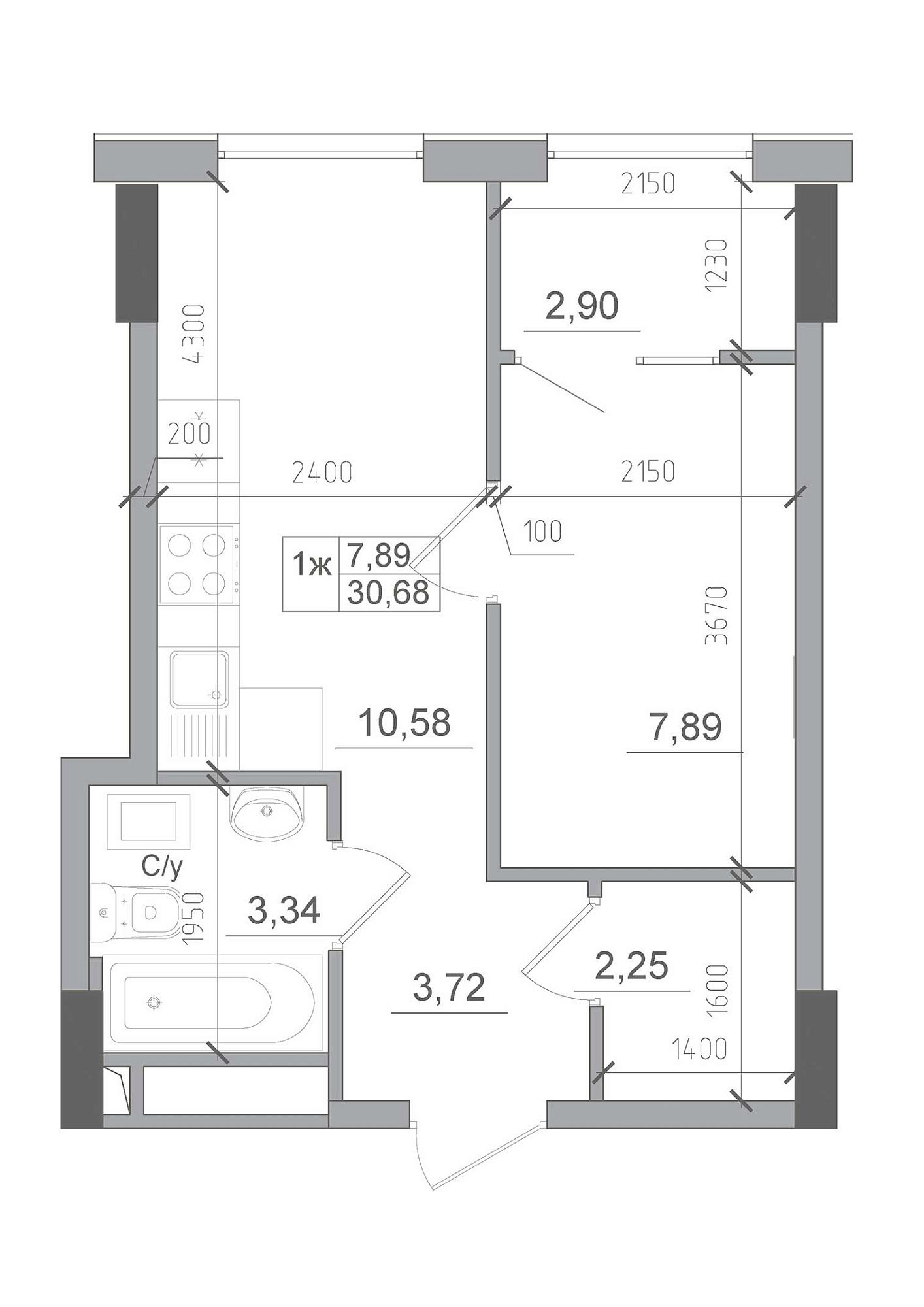 Планування 1-к квартира площею 30.68м2, AB-22-01/00012.