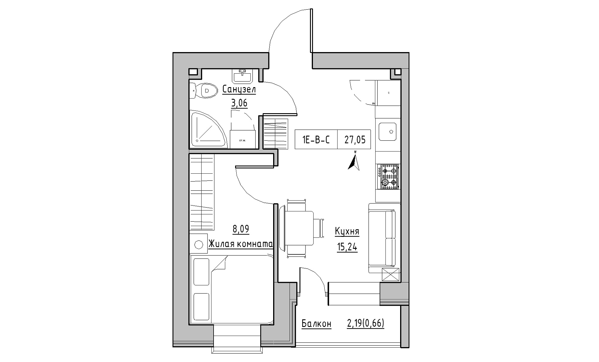 Планировка 1-к квартира площей 27.05м2, KS-016-05/0008.
