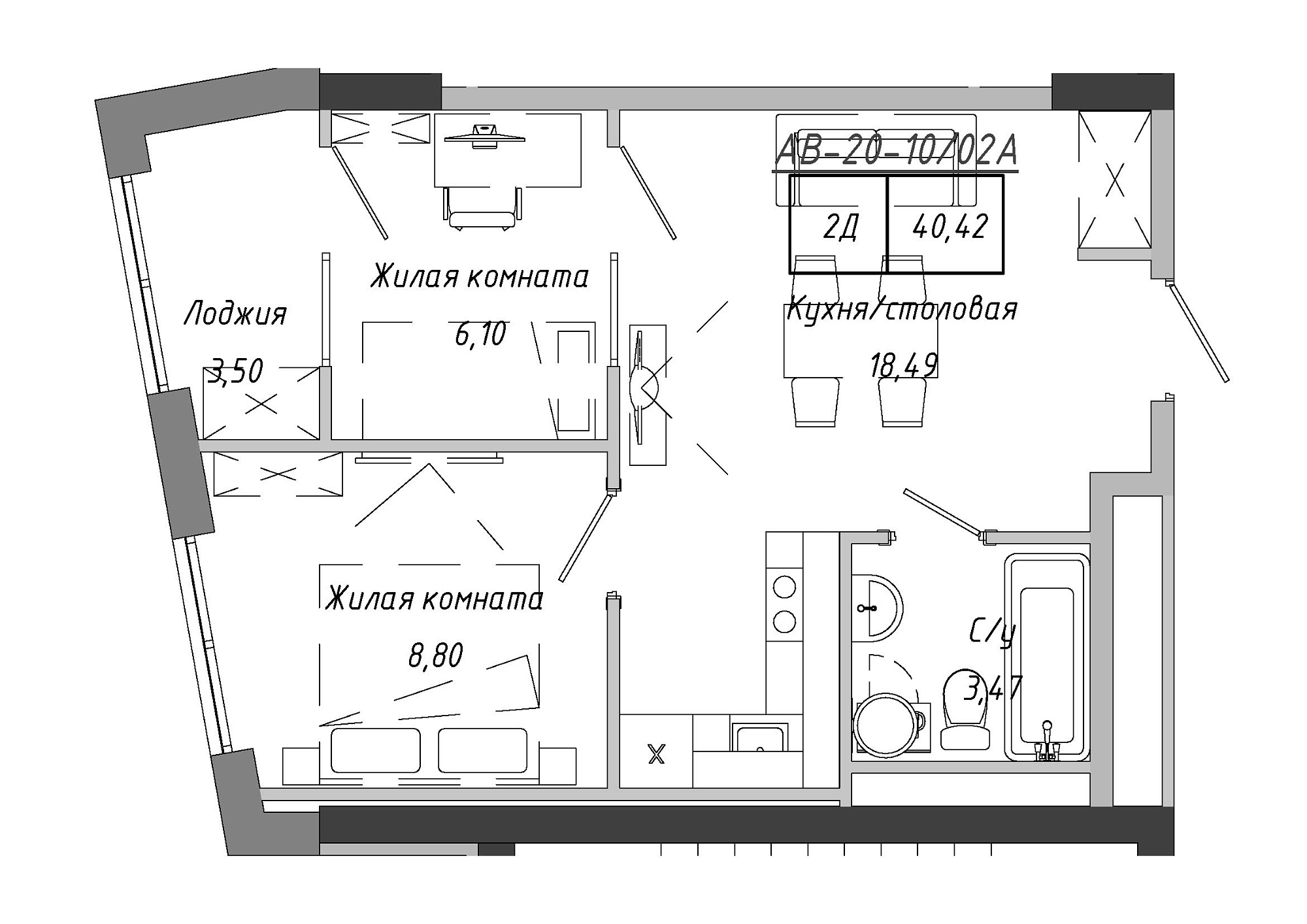Planning 2-rm flats area 41.9m2, AB-20-10/0002а.