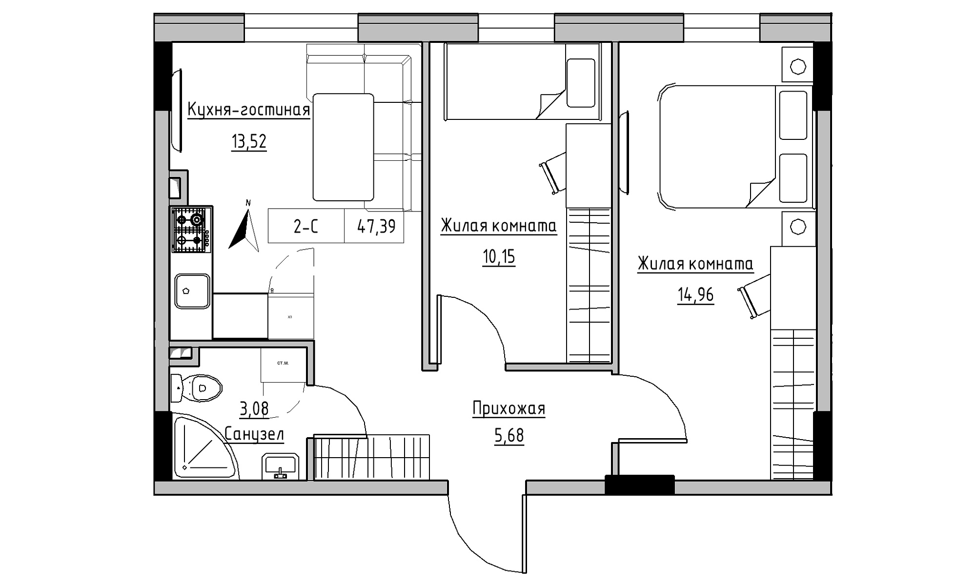 Планировка 2-к квартира площей 47.39м2, KS-025-01/0009.