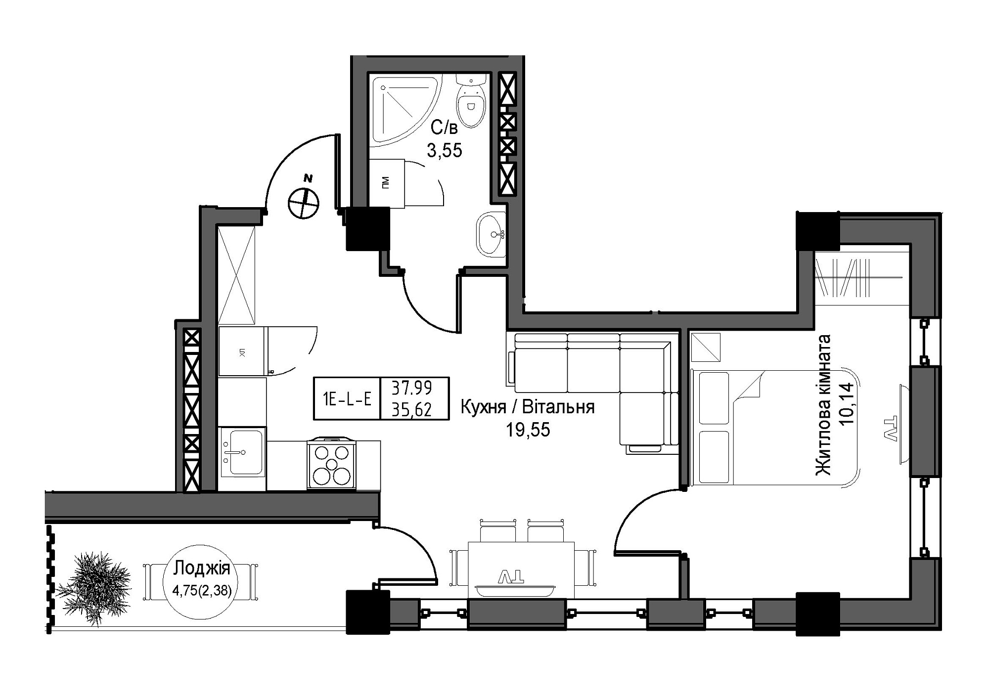 Планування 1-к квартира площею 35.62м2, UM-007-07/0009.