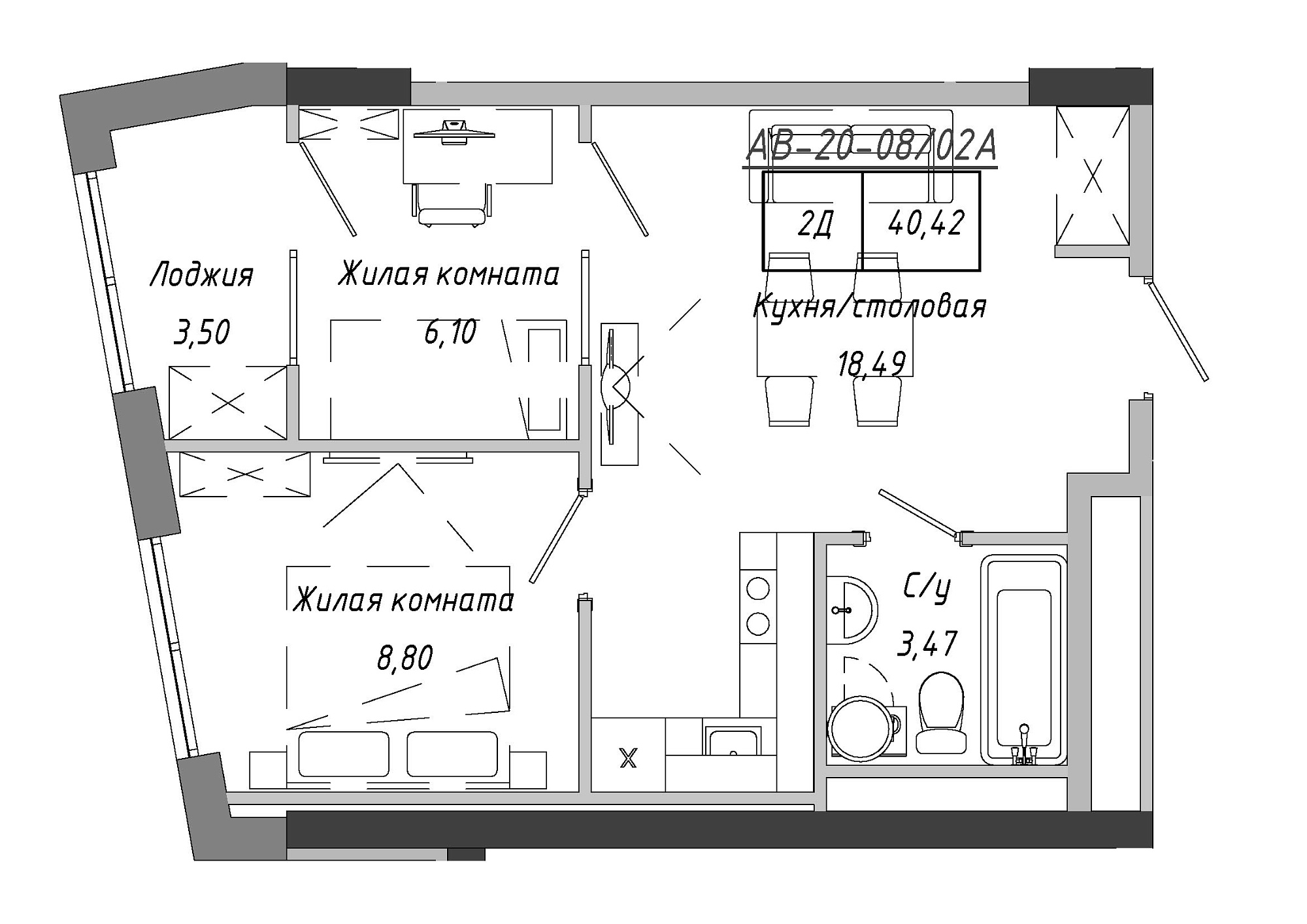 Planning 2-rm flats area 41.9m2, AB-20-08/0002а.