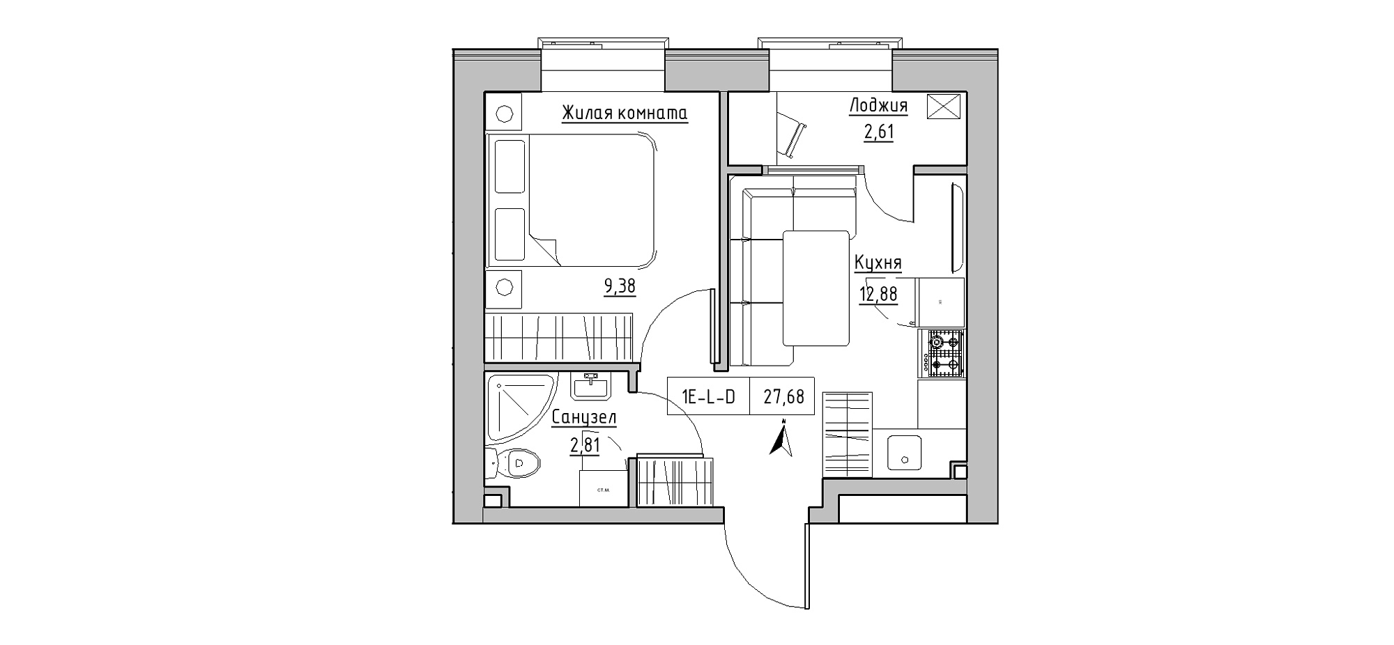 Планировка 1-к квартира площей 27.68м2, KS-020-04/0001.