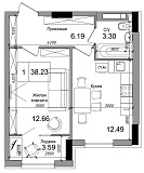 Планировка 1-к квартира площей 38.23м2, AB-04-05/00012.