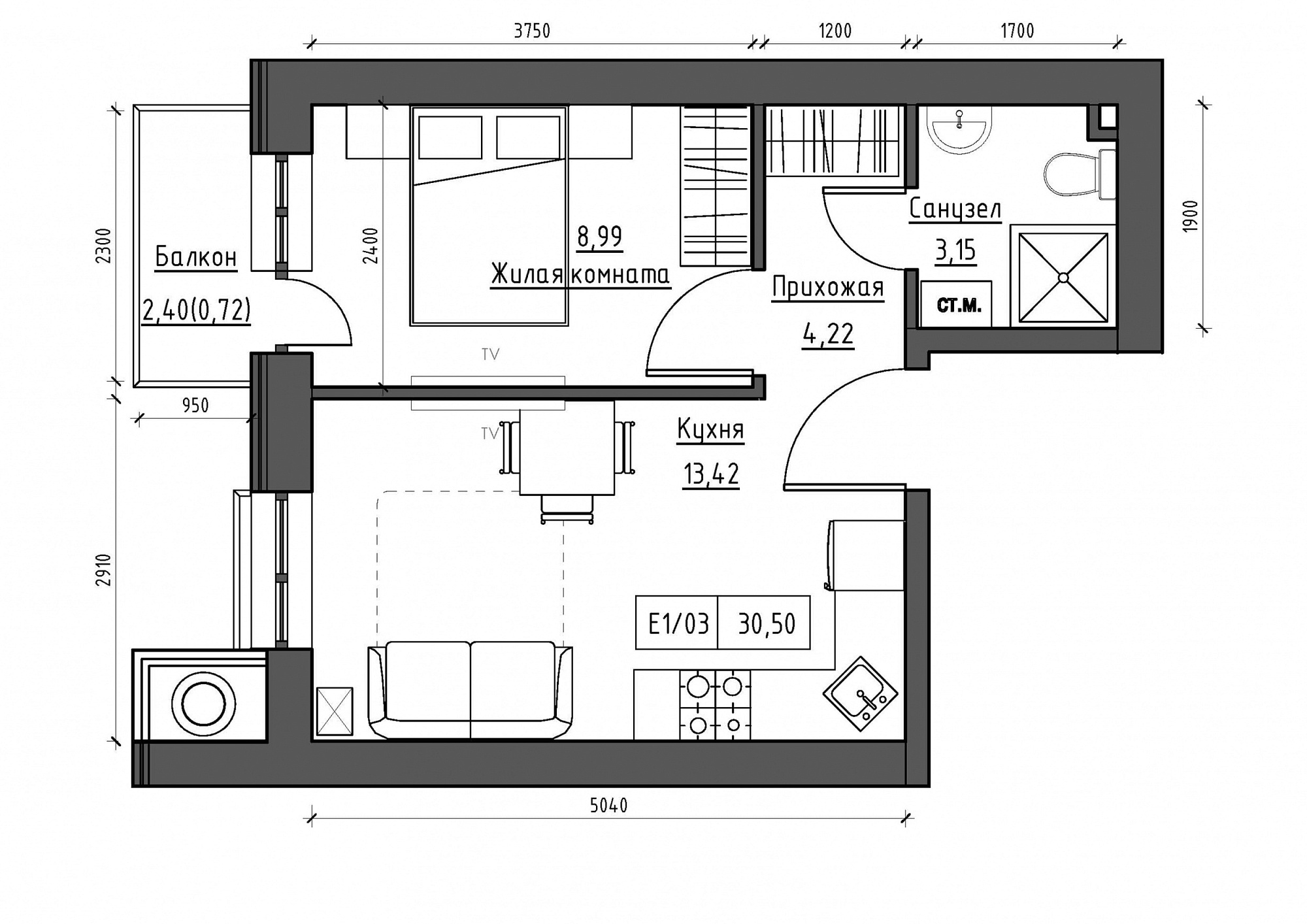 Планировка 1-к квартира площей 30.5м2, KS-011-05/0003.