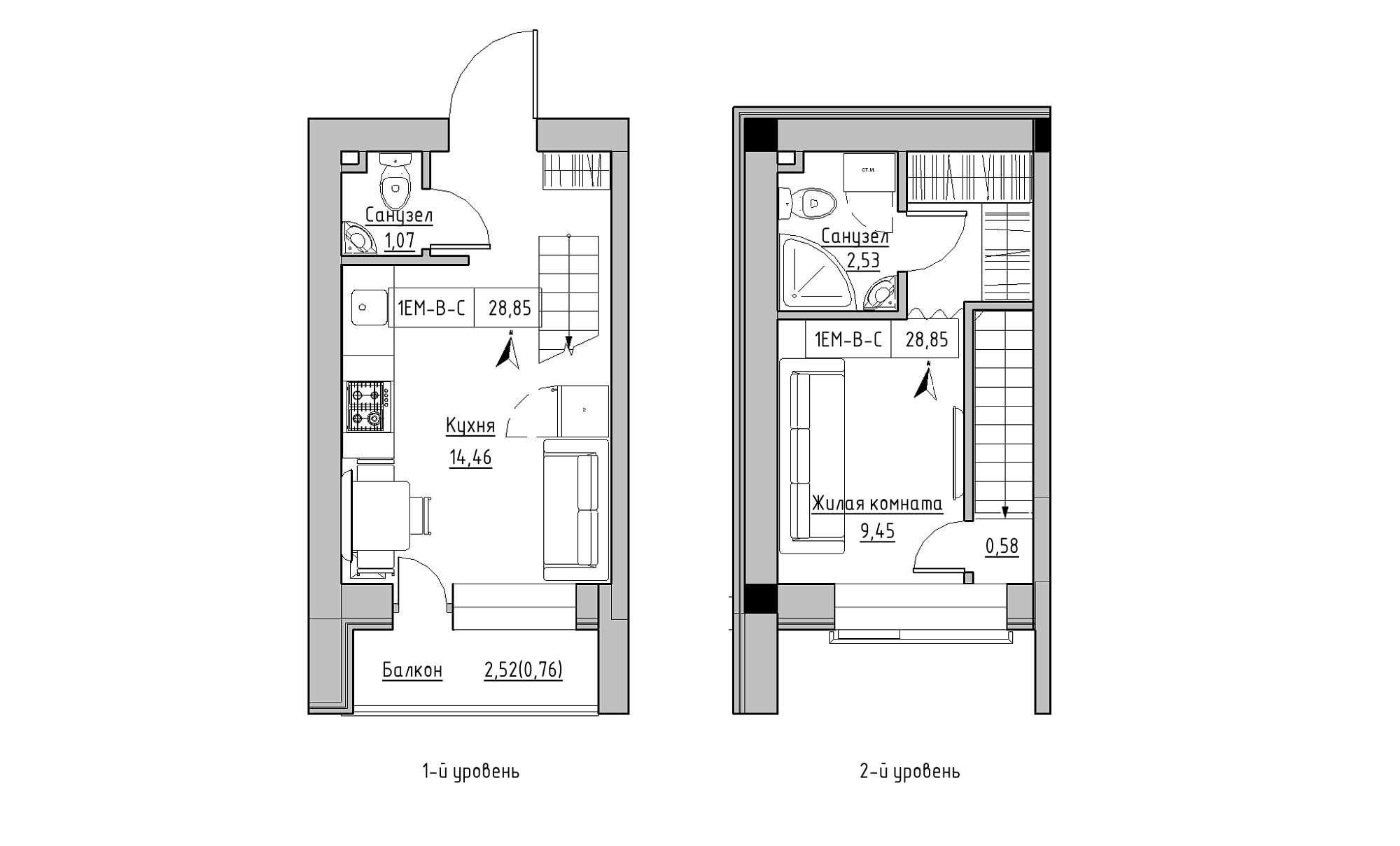 Planning 2-lvl flats area 28.85m2, KS-016-05/0006.