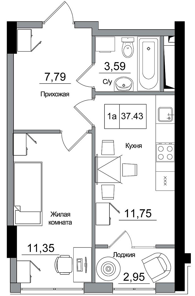 Планування 1-к квартира площею 37.43м2, c63f9329-df14-11eb-baa2-00155d42e31d.