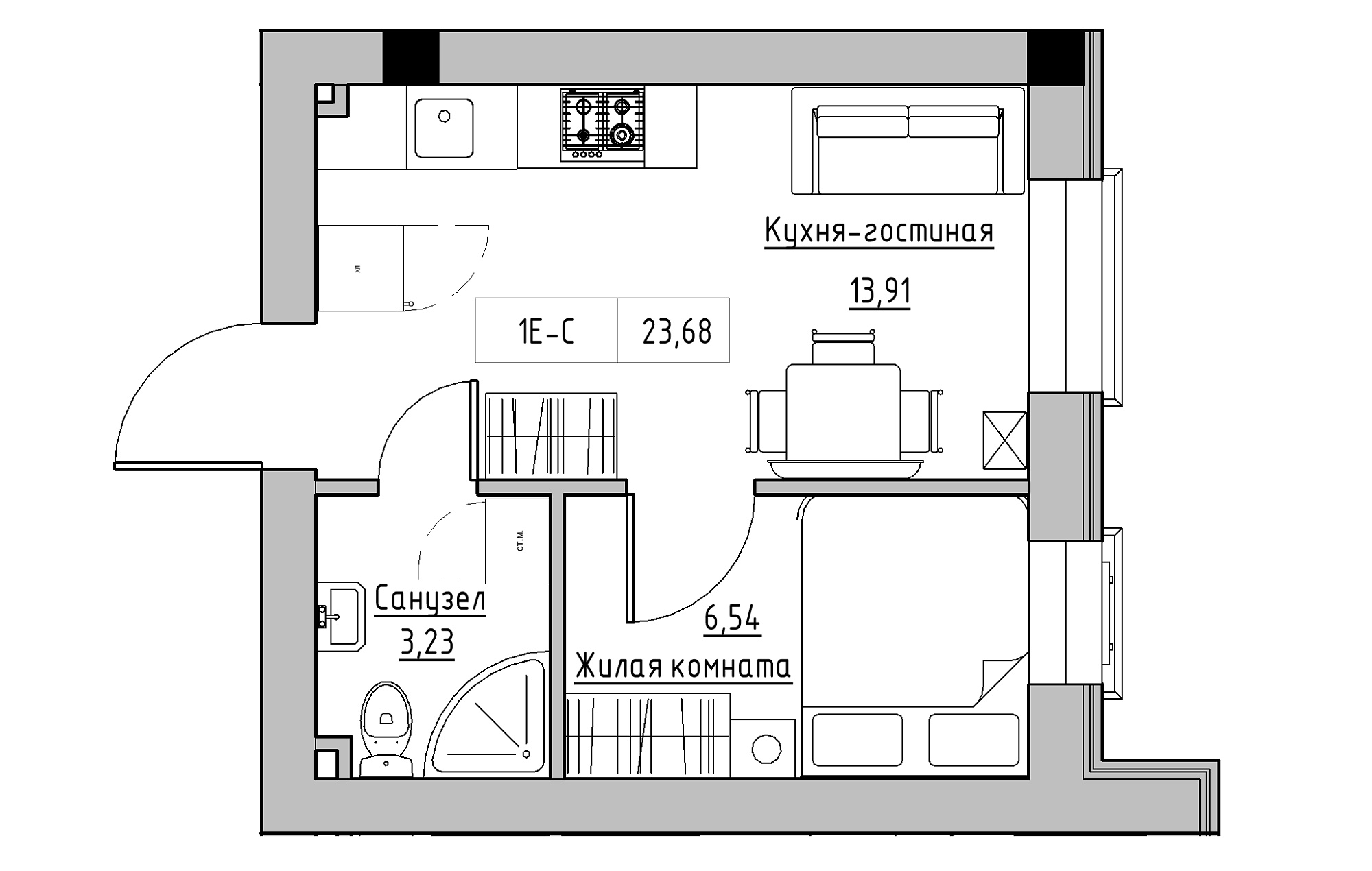 Planning 1-rm flats area 23.68m2, KS-018-01/0009.