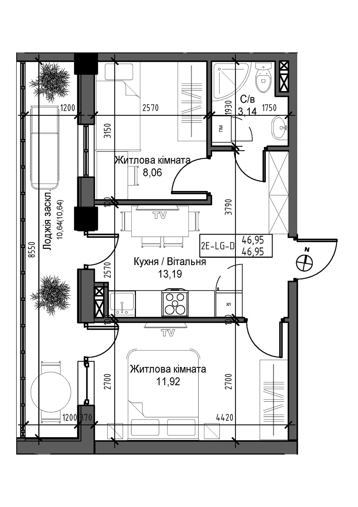 Планировка 2-к квартира площей 46.95м2, UM-007-03/0001.