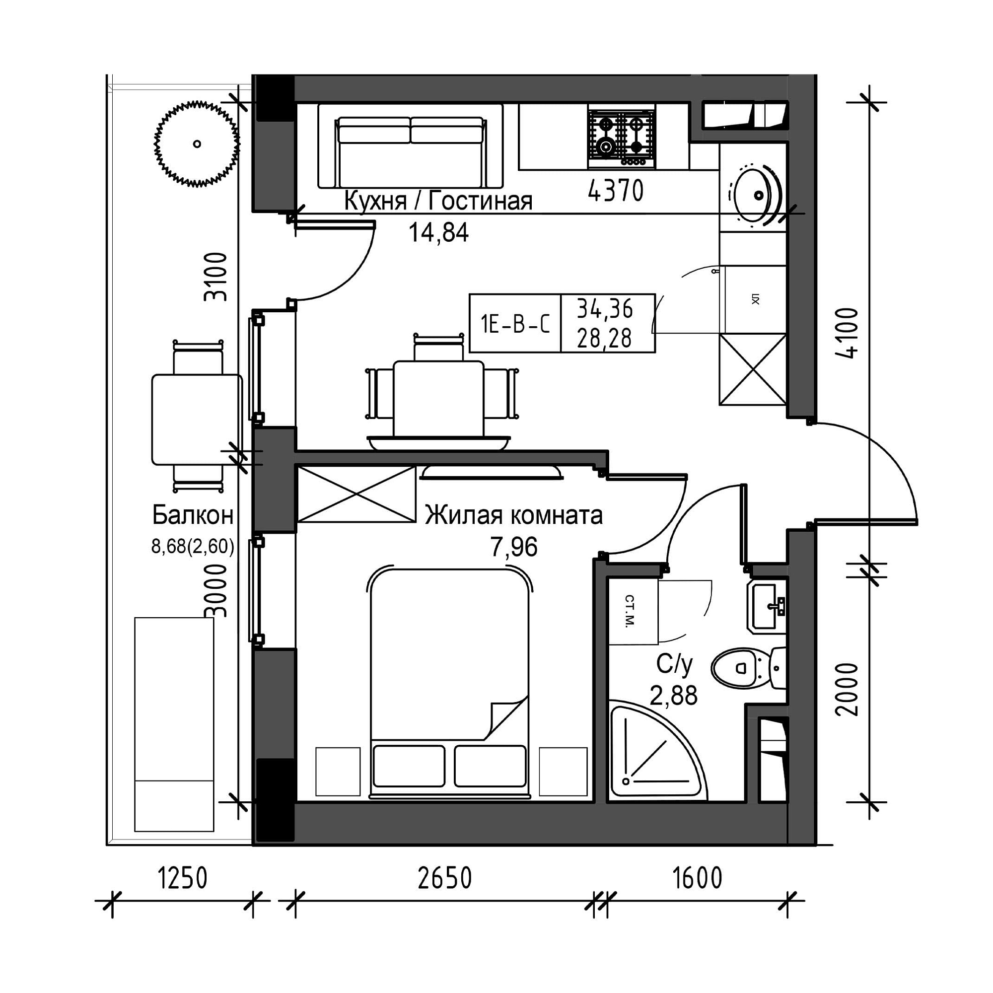 Планування 1-к квартира площею 28.28м2, UM-001-07/0014.