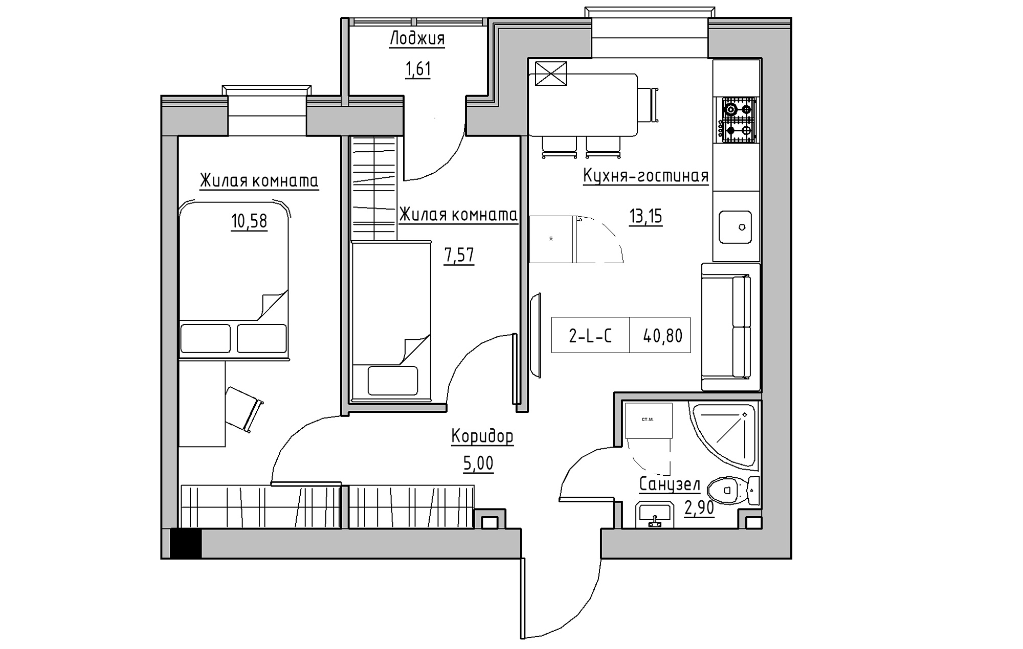 Планування 2-к квартира площею 40.8м2, KS-018-01/0005.