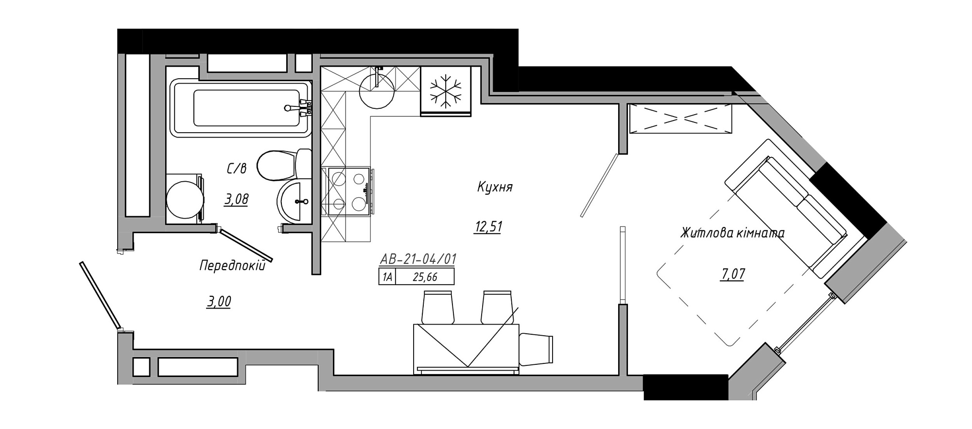Планування 1-к квартира площею 25.66м2, AB-21-04/00001.