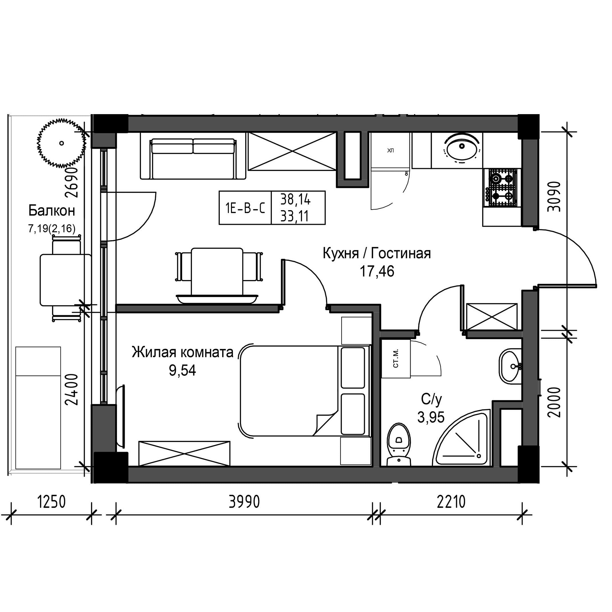 Planning 1-rm flats area 33.11m2, UM-001-06/0010.