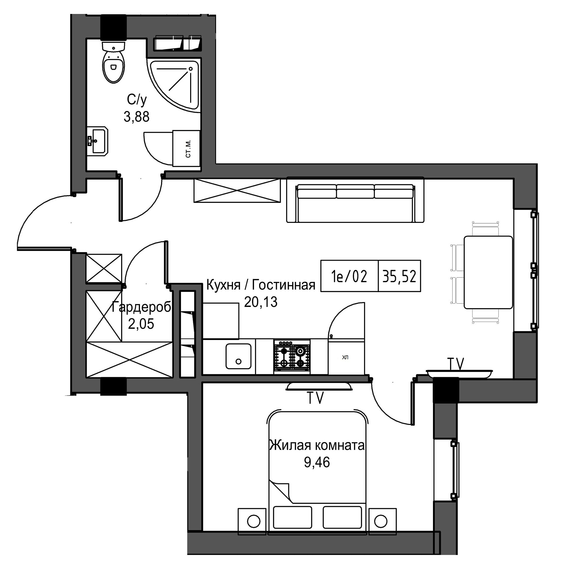 Планировка 1-к квартира площей 35.52м2, UM-002-09/0083.