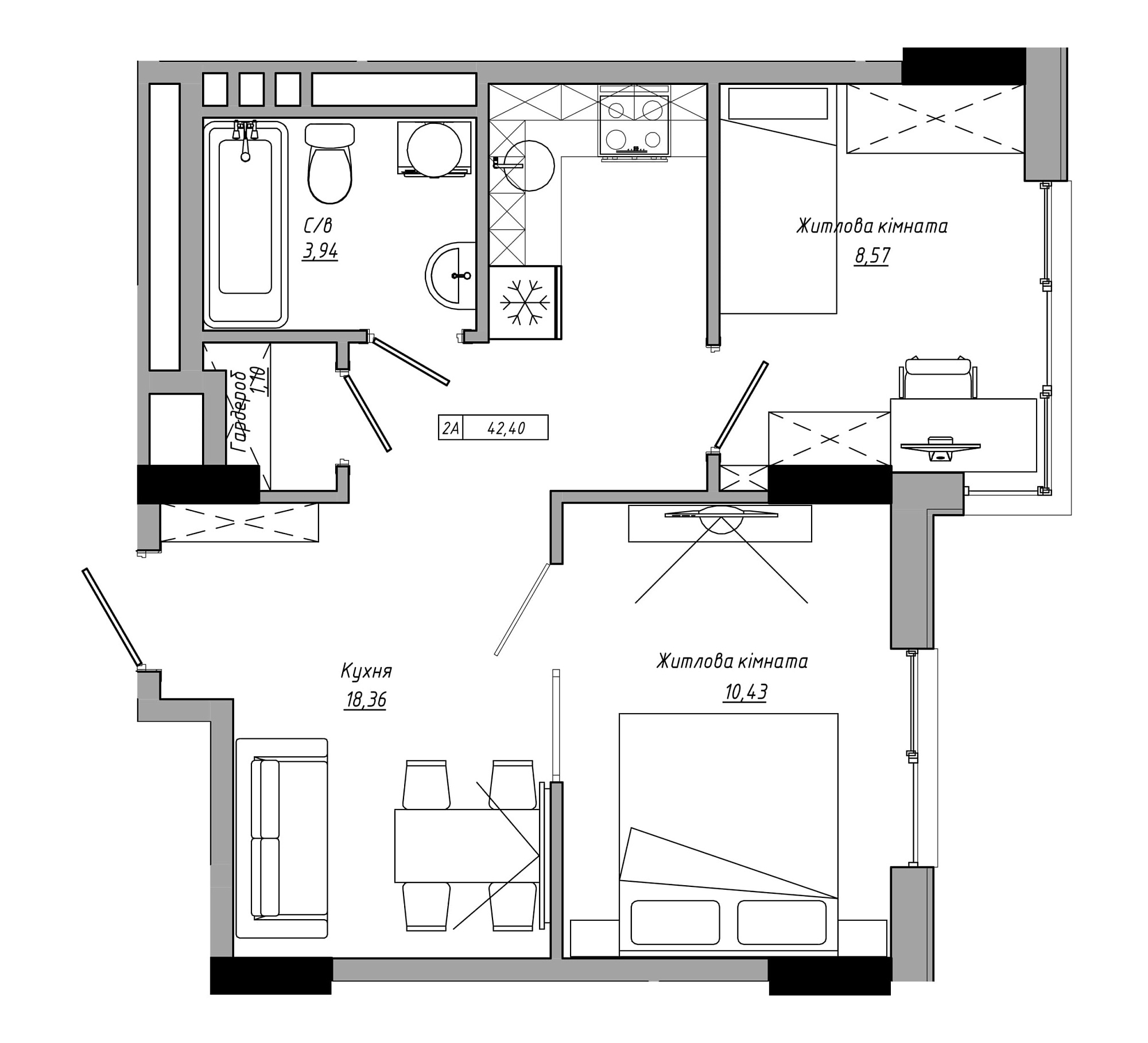 Планировка 2-к квартира площей 42.4м2, AB-21-10/00003.