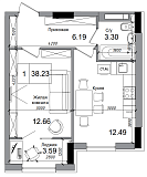 Планировка 1-к квартира площей 38.23м2, AB-04-07/00012.