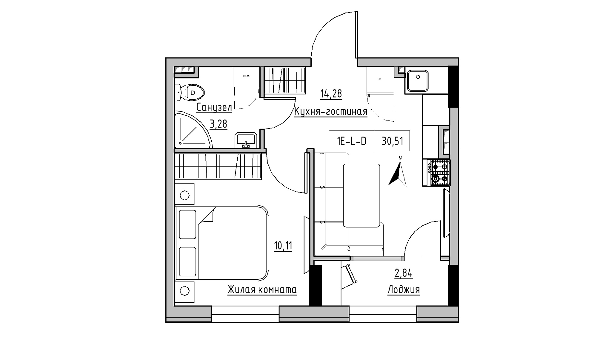 Планування 1-к квартира площею 30.51м2, KS-025-02/0013.
