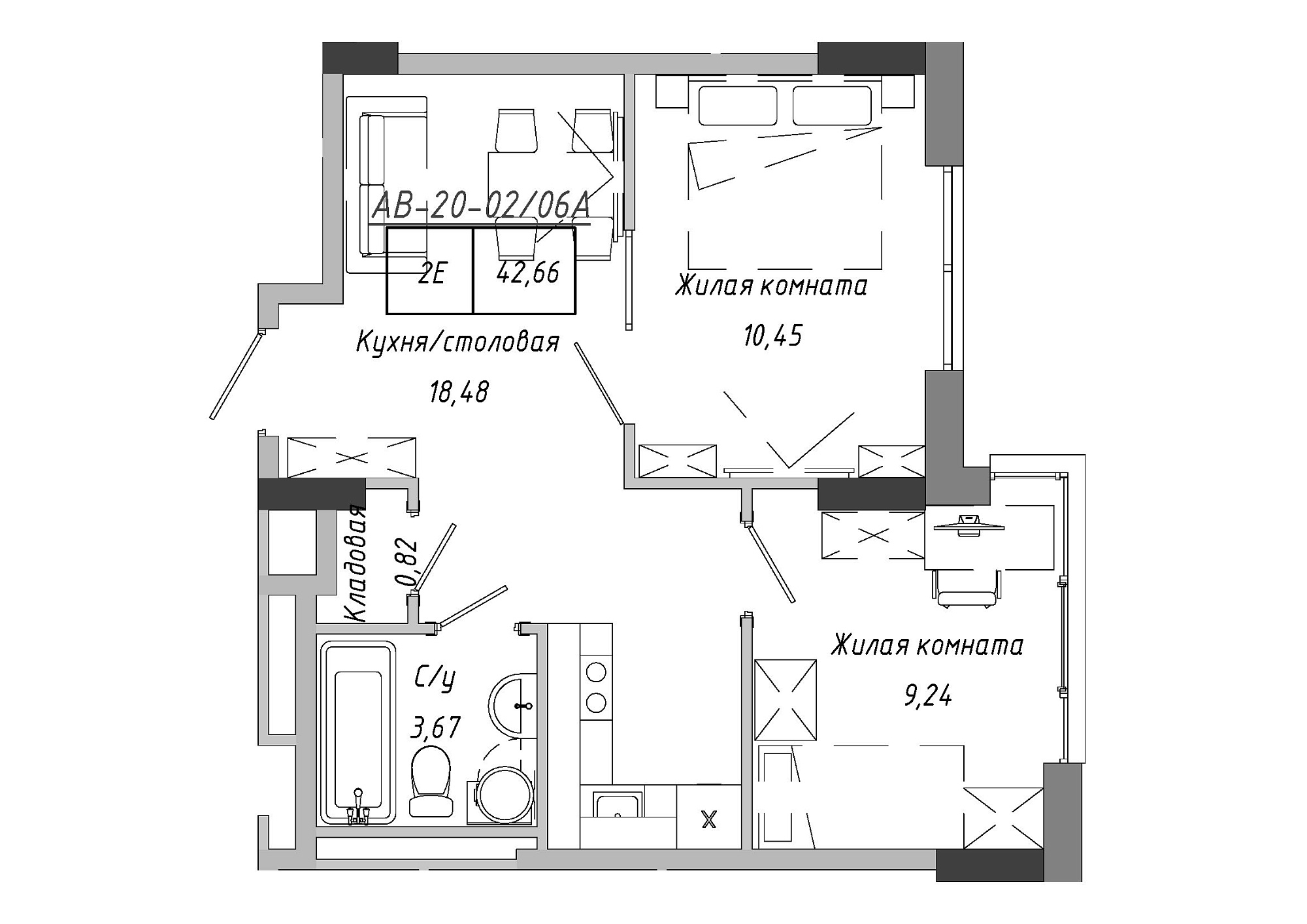 Планировка 2-к квартира площей 42.66м2, AB-20-02/0006а.