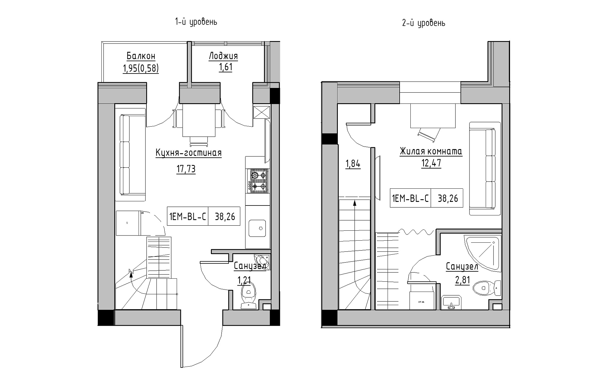 Planning 2-lvl flats area 38.26m2, KS-018-05/0005.