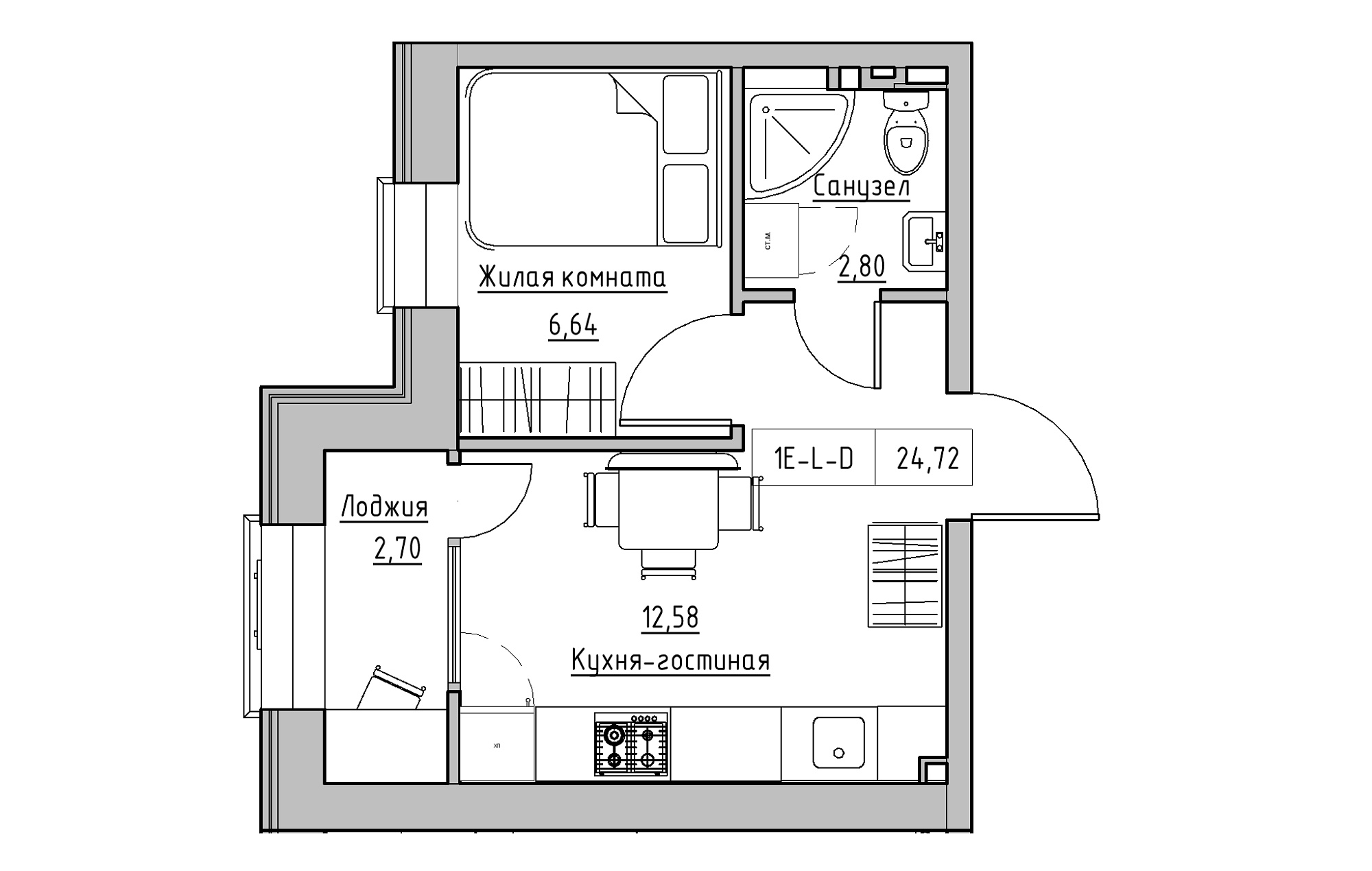 Planning 1-rm flats area 24.72m2, KS-018-05/0016.