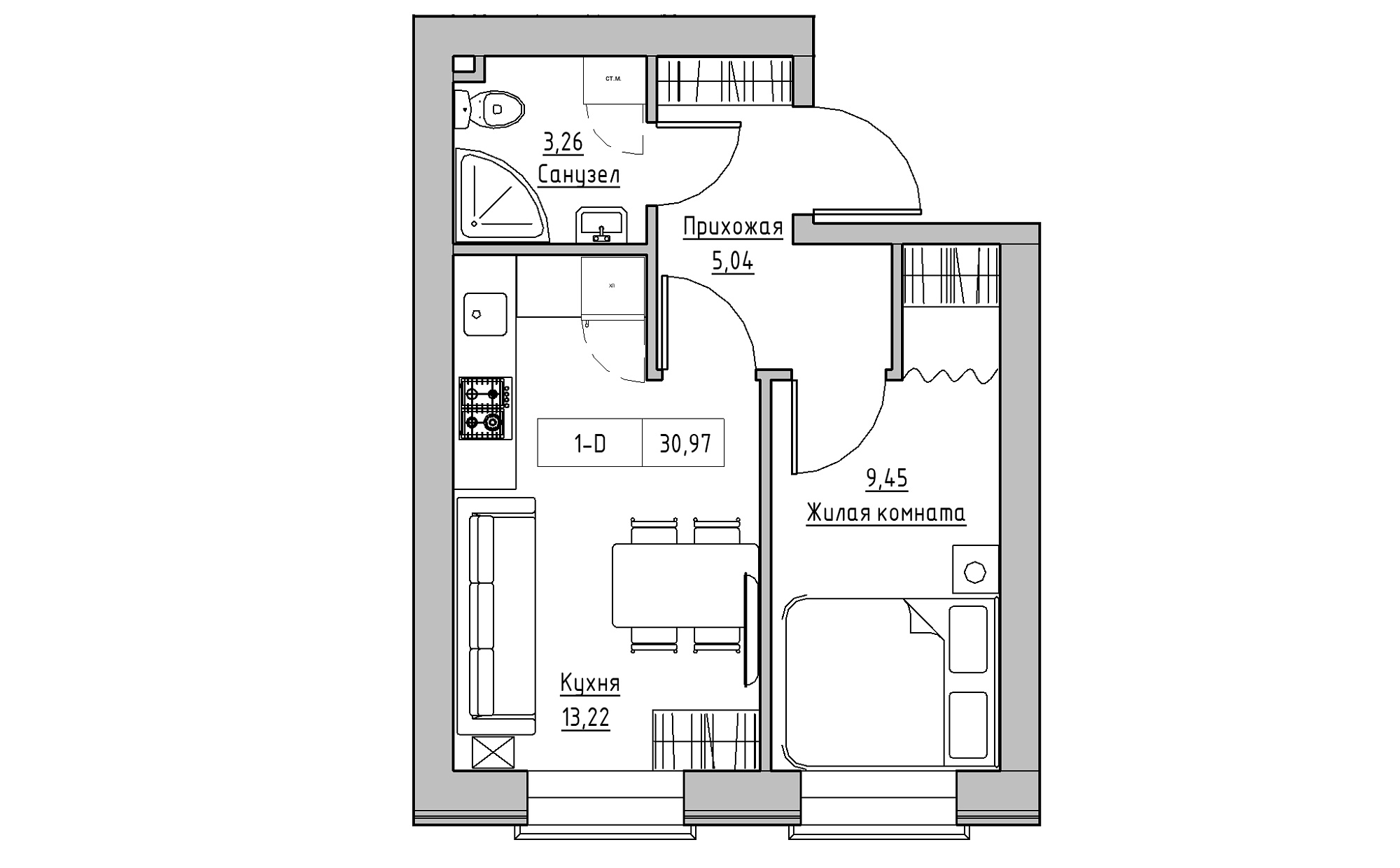 Планування 1-к квартира площею 30.97м2, KS-022-01/0003.