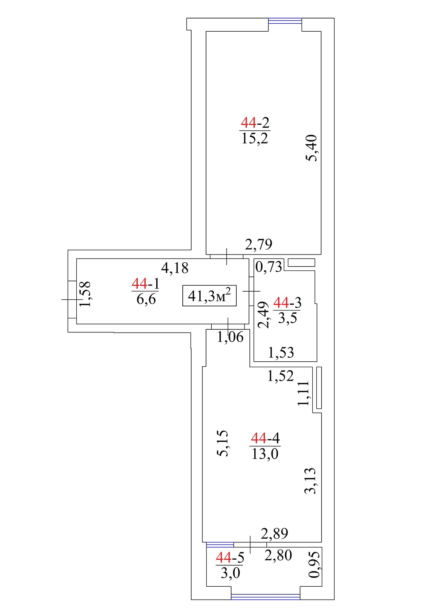 Планировка 1-к квартира площей 41.3м2, AB-01-05/0042б.