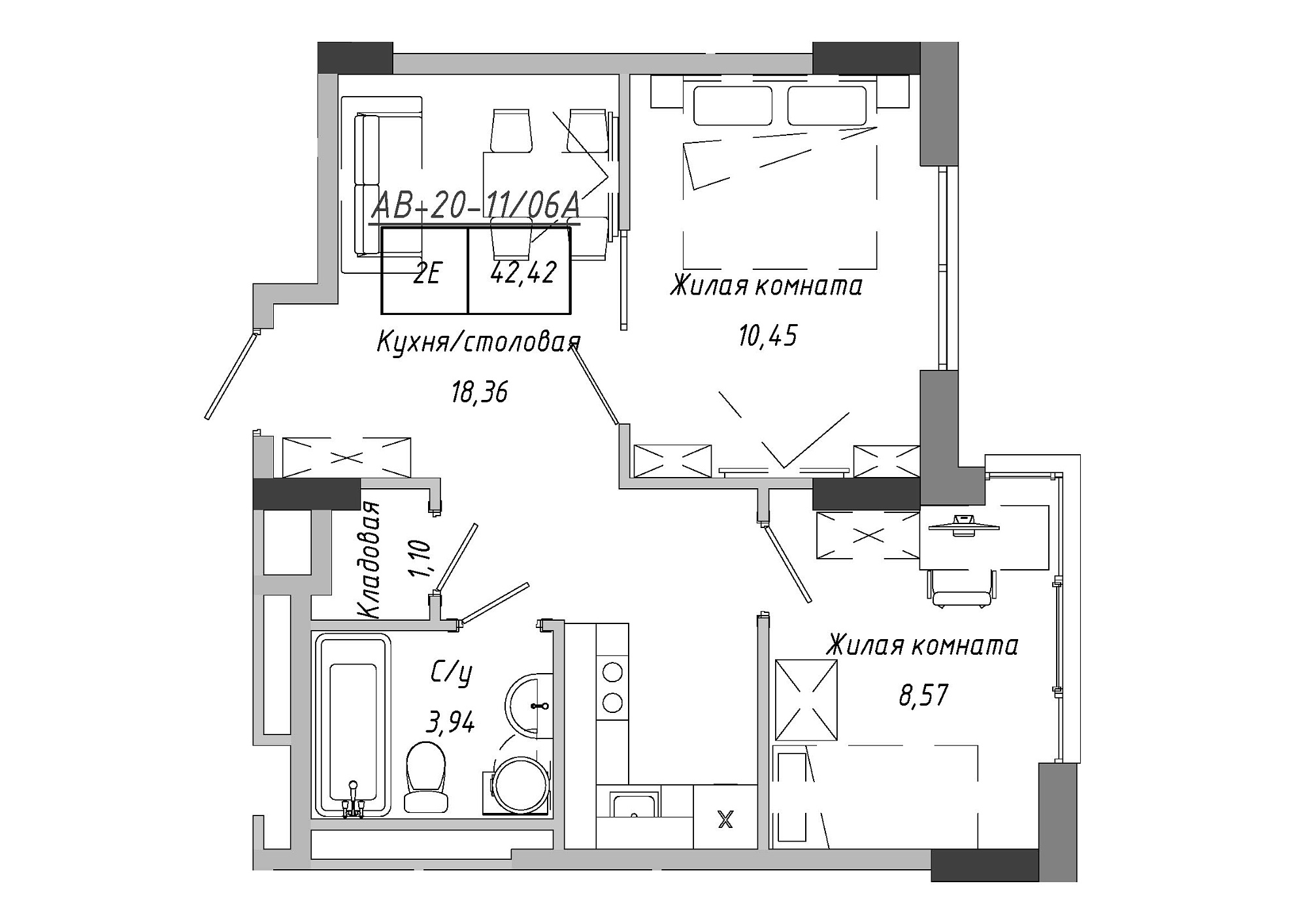 Planning 2-rm flats area 42.85m2, AB-20-11/0006а.
