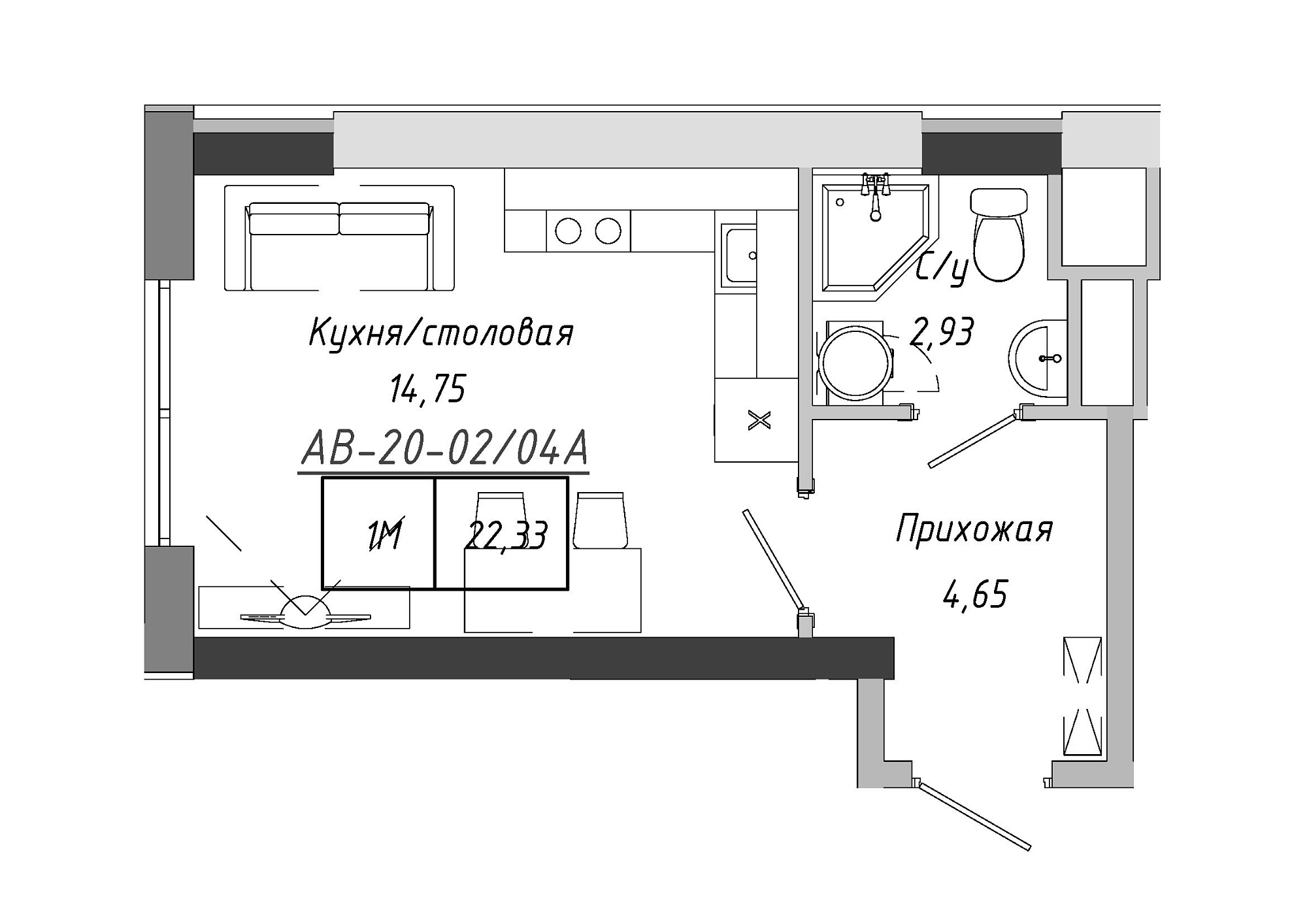 Планування Smart-квартира площею 22.33м2, AB-20-02/0004а.