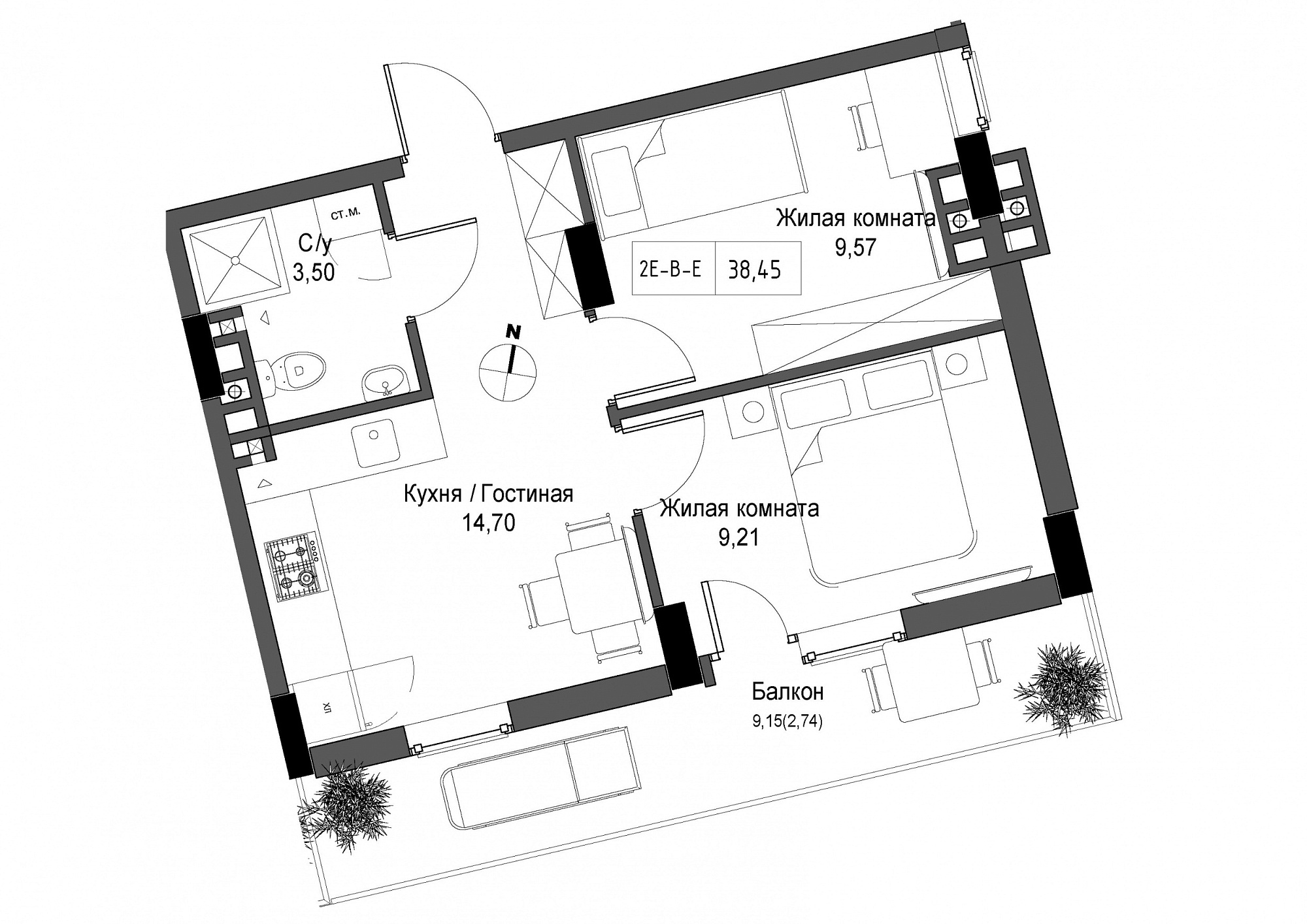 Планировка 2-к квартира площей 38.45м2, UM-004-07/0011.