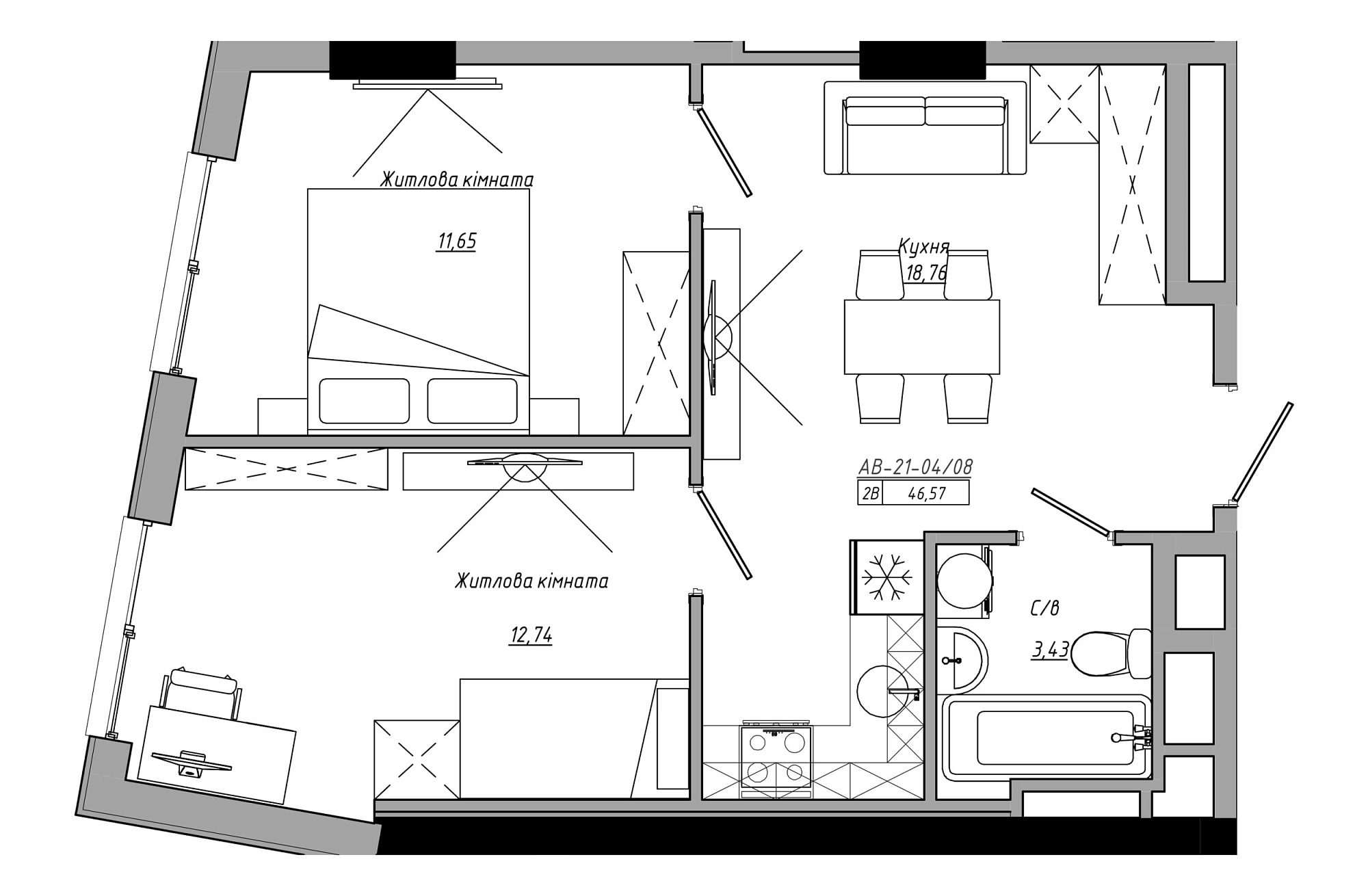 Планування 2-к квартира площею 46.58м2, AB-21-04/00008.