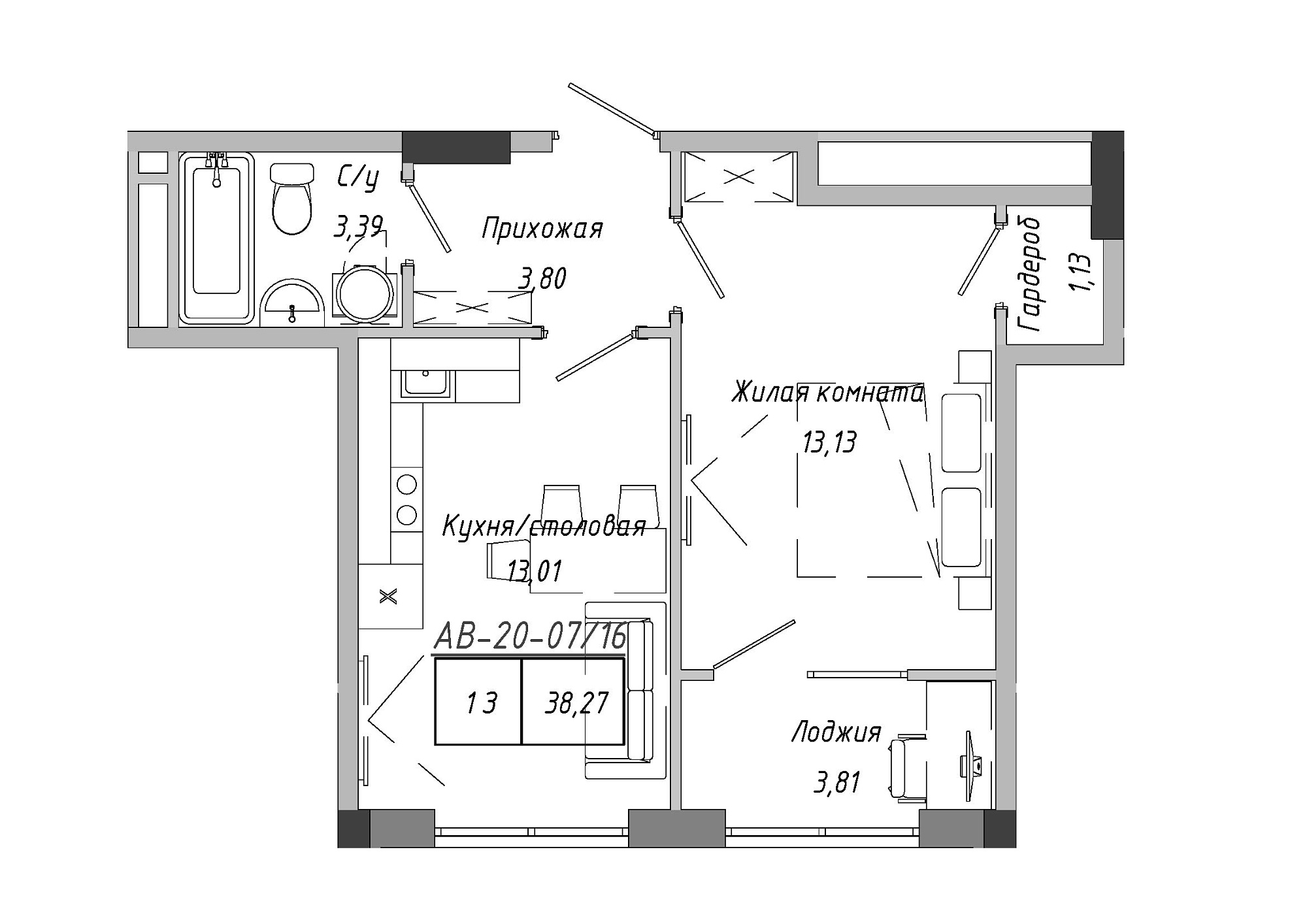 Планировка 1-к квартира площей 38.79м2, AB-20-07/00016.