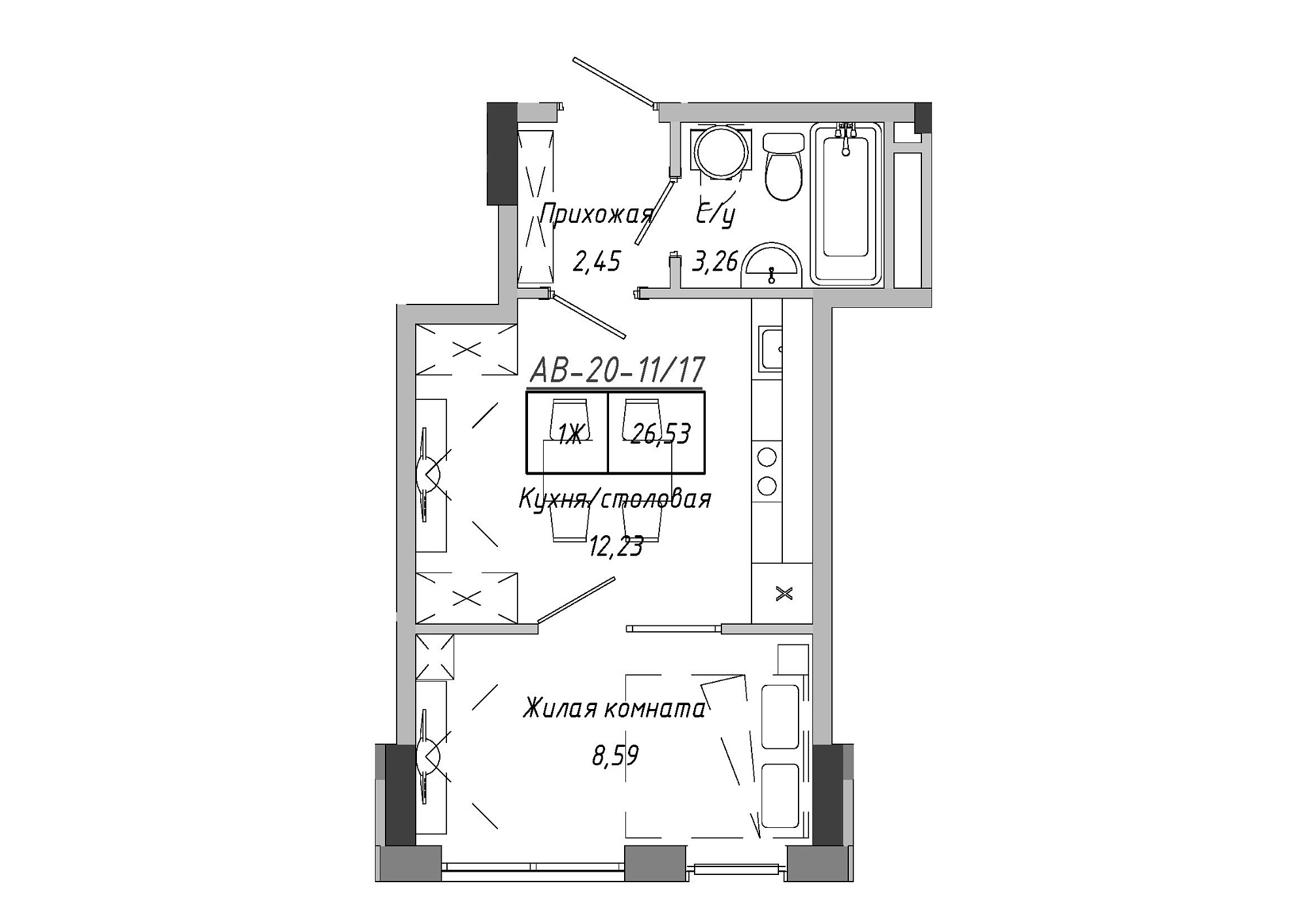 Планировка 1-к квартира площей 26.98м2, AB-20-11/00017.