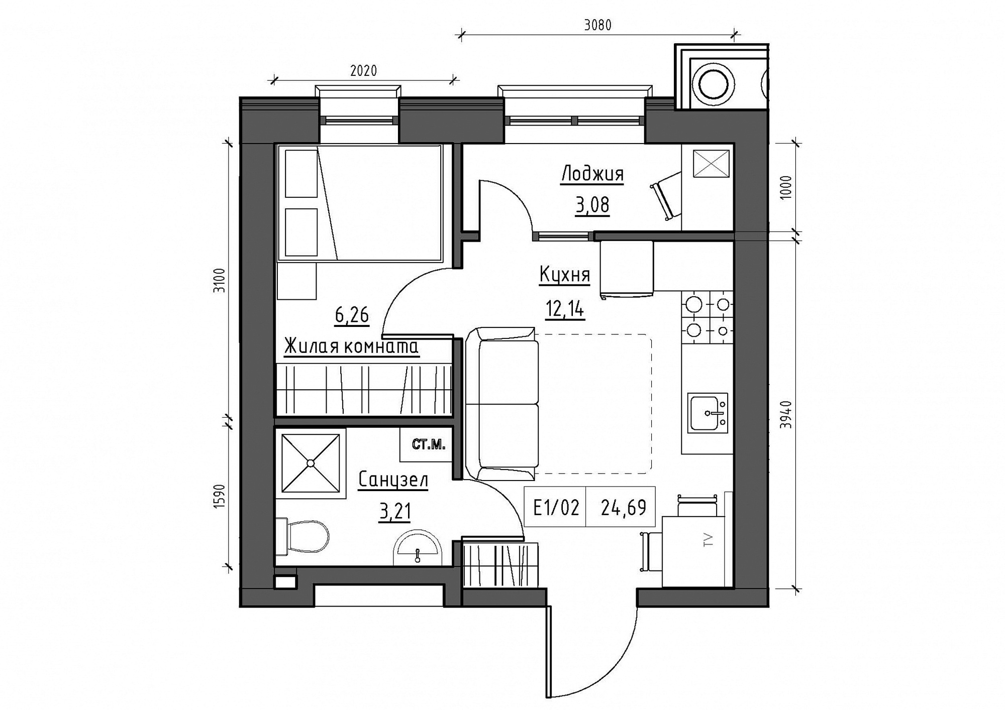 Планировка 1-к квартира площей 24.69м2, KS-011-01/0014.