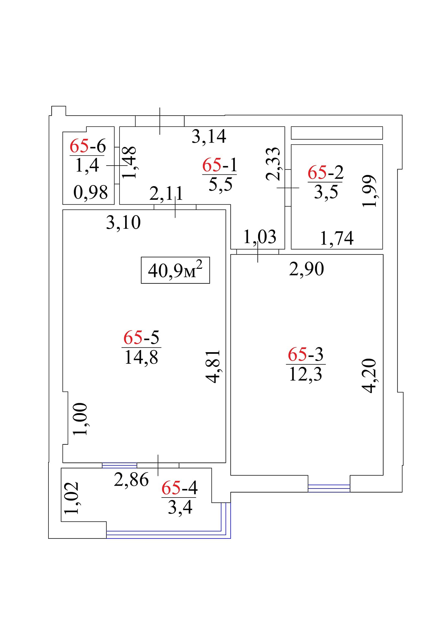 Планировка 1-к квартира площей 40.9м2, AB-01-07/00061.